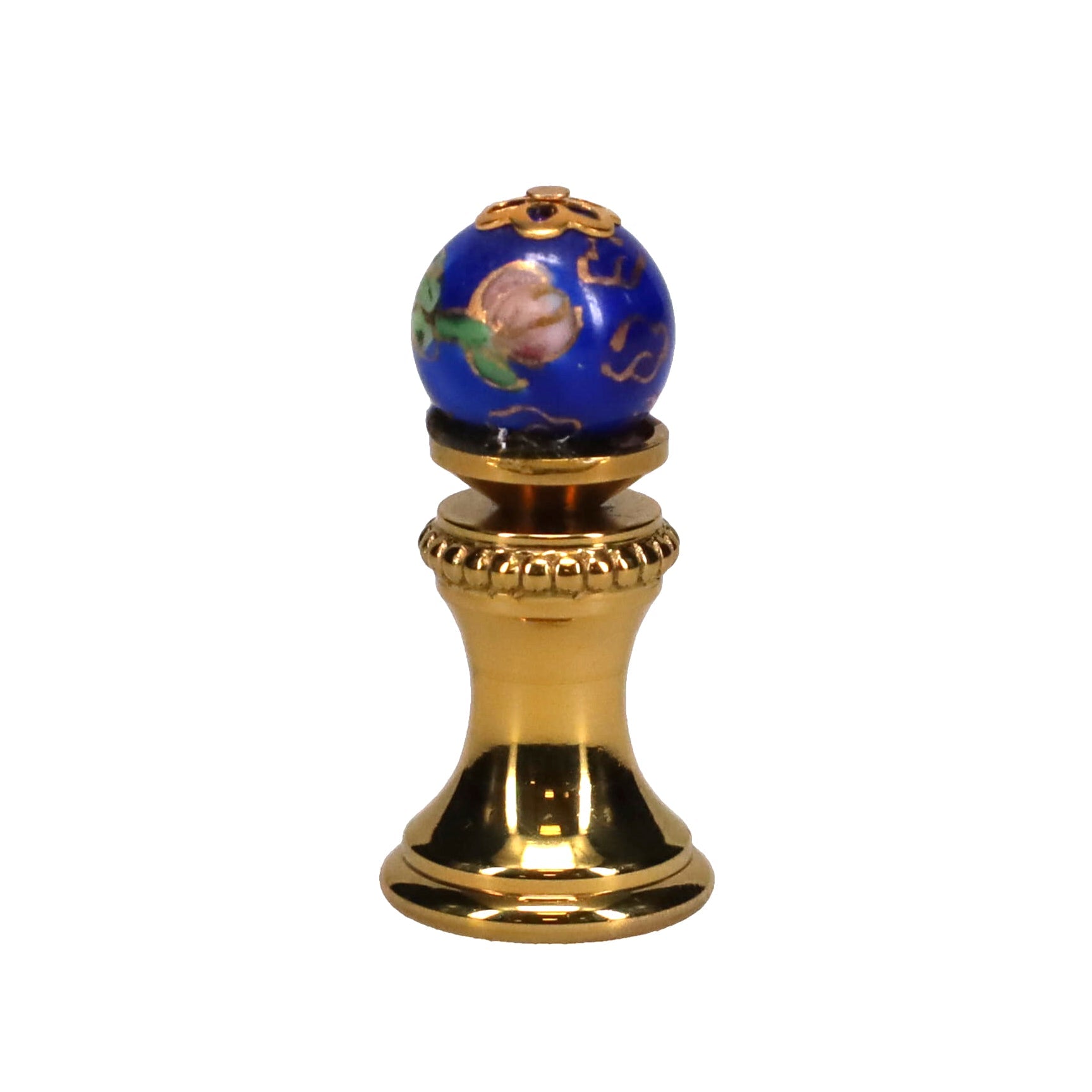 1-5/16" Tall Brass Finial, 0.48" Porcelain Bead with Blue Cloisonné Floral Pattern, 1/4-27F Tap (15194)