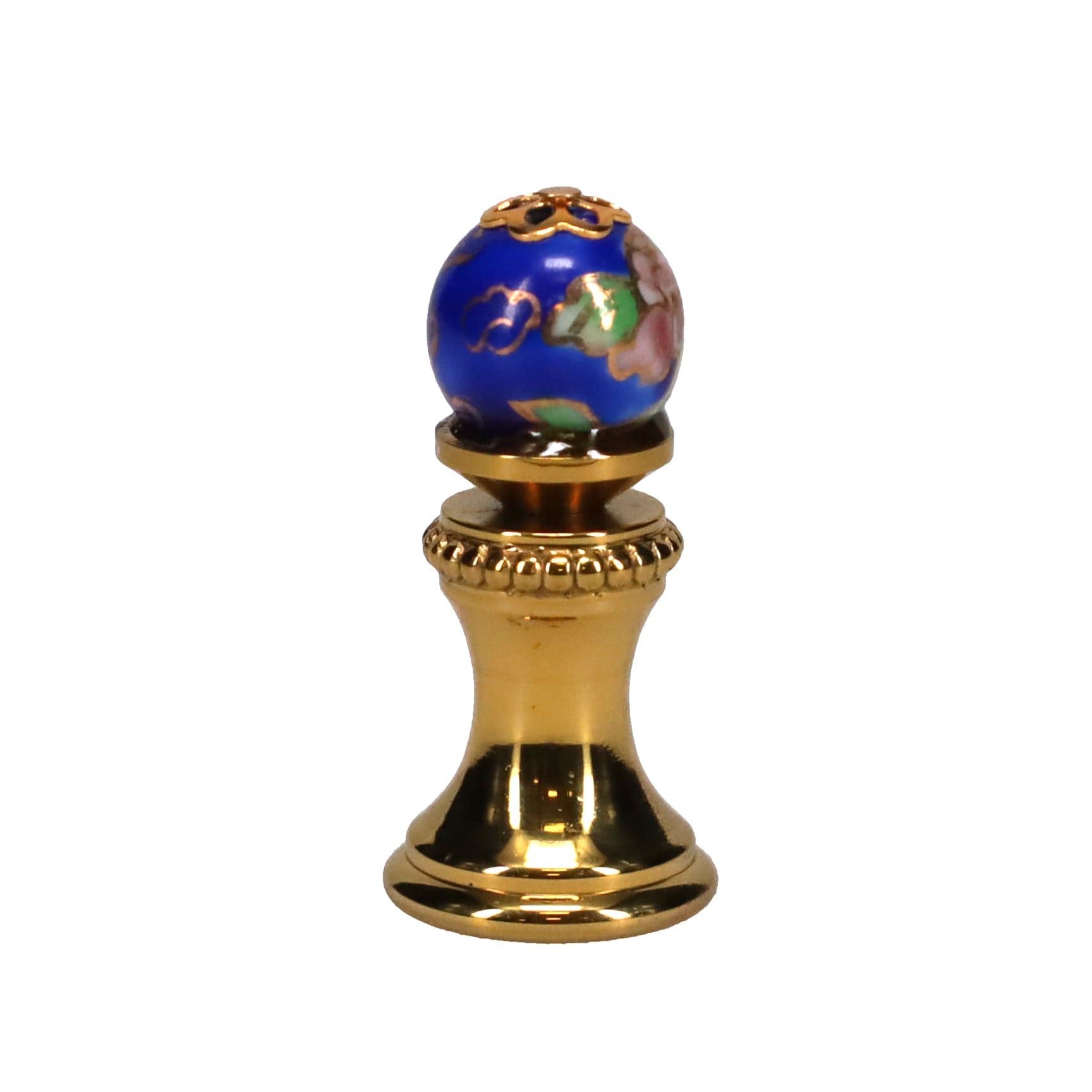 1-5/16" Tall Brass Finial, 0.48" Porcelain Bead with Blue Cloisonné Floral Pattern, 1/4-27F Tap (15194)