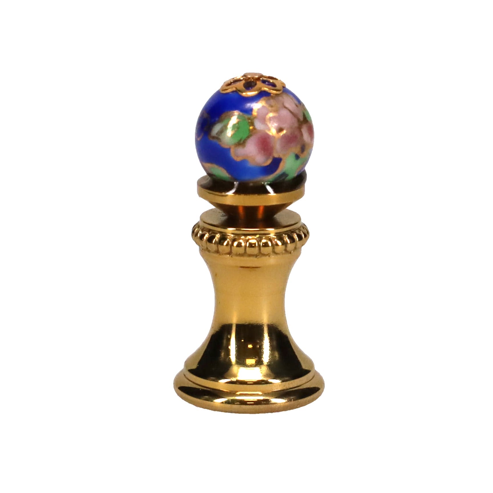 1-5/16" Tall Brass Finial, 0.48" Porcelain Bead with Blue Cloisonné Floral Pattern, 1/4-27F Tap (15194)