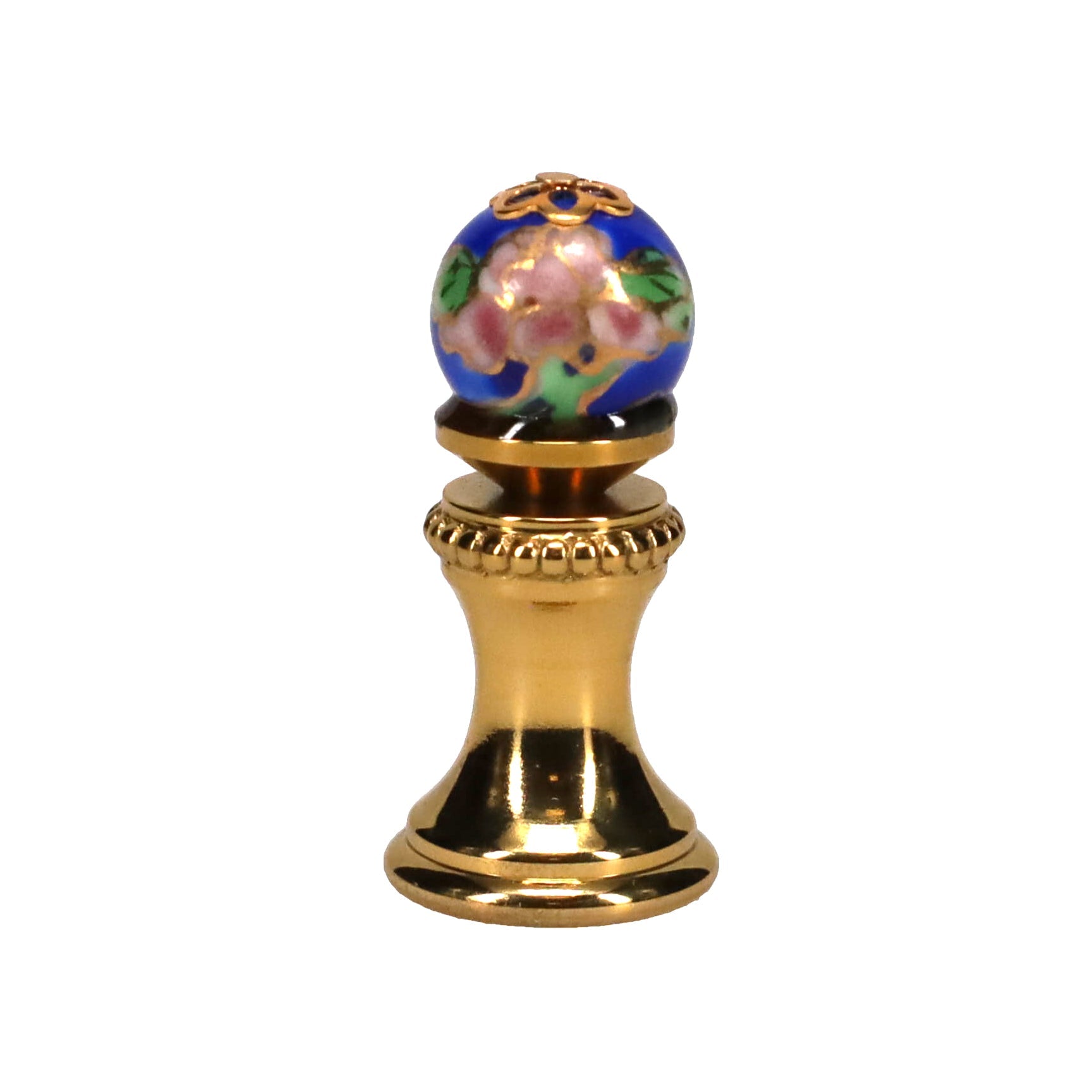 1-5/16" Tall Brass Finial, 0.48" Porcelain Bead with Blue Cloisonné Floral Pattern, 1/4-27F Tap (15194)