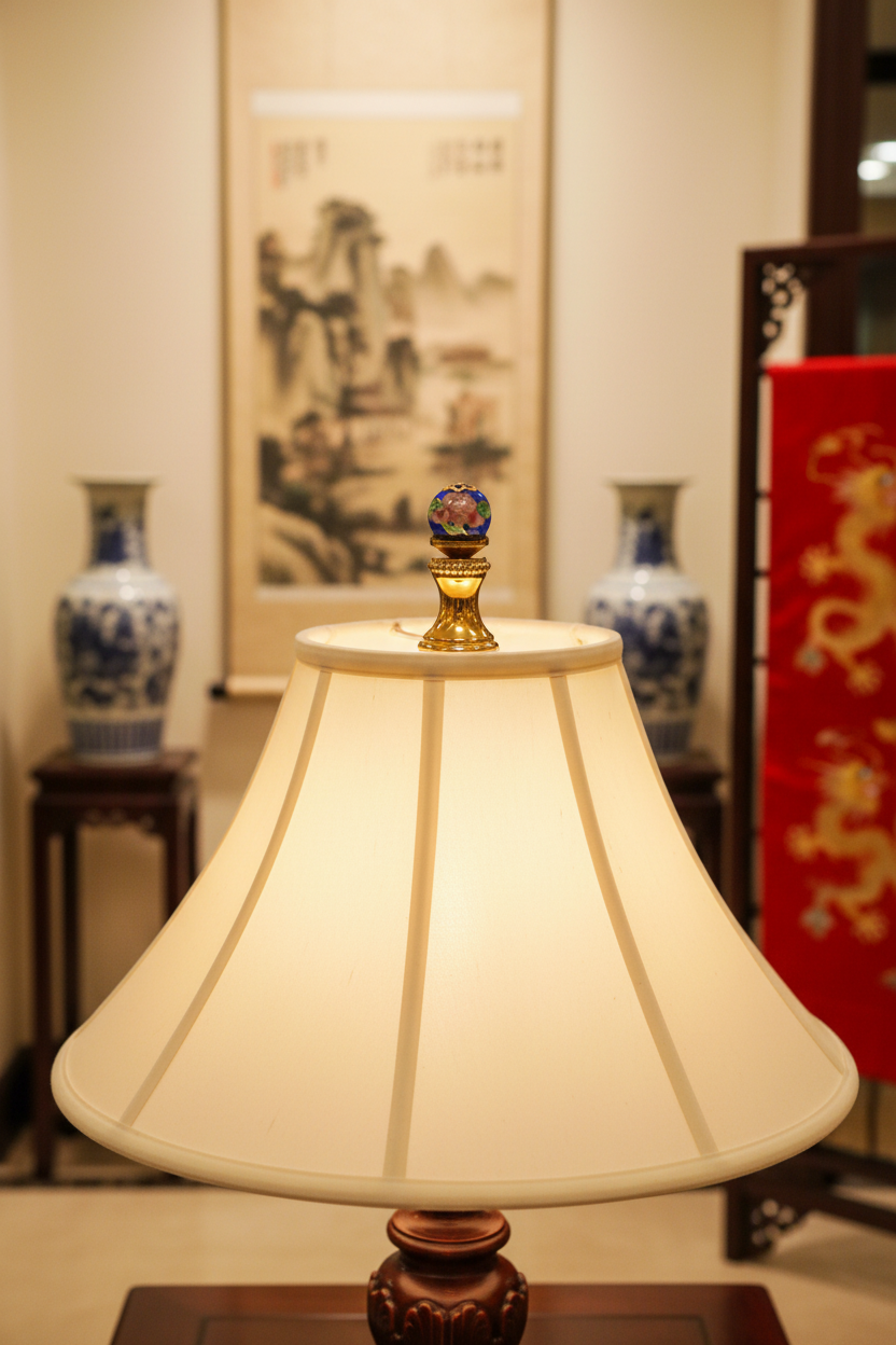 1-5/16" Tall Brass Finial, 0.48" Porcelain Bead with Blue Cloisonné Floral Pattern, 1/4-27F Tap (15194)