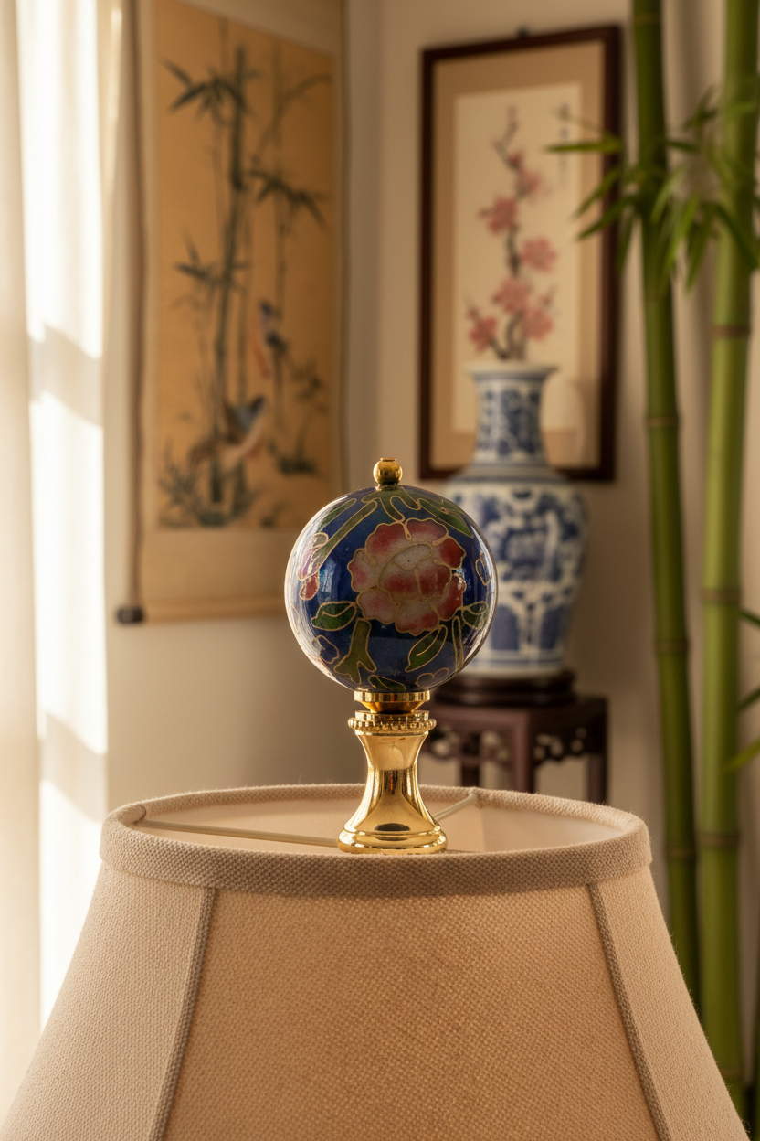 2-1/8" Tall Brass Finial, 1-1/8" Porcelain Bead with Navy Blue Cloisonné Floral Pattern, 1/4-27F Tap (15195)