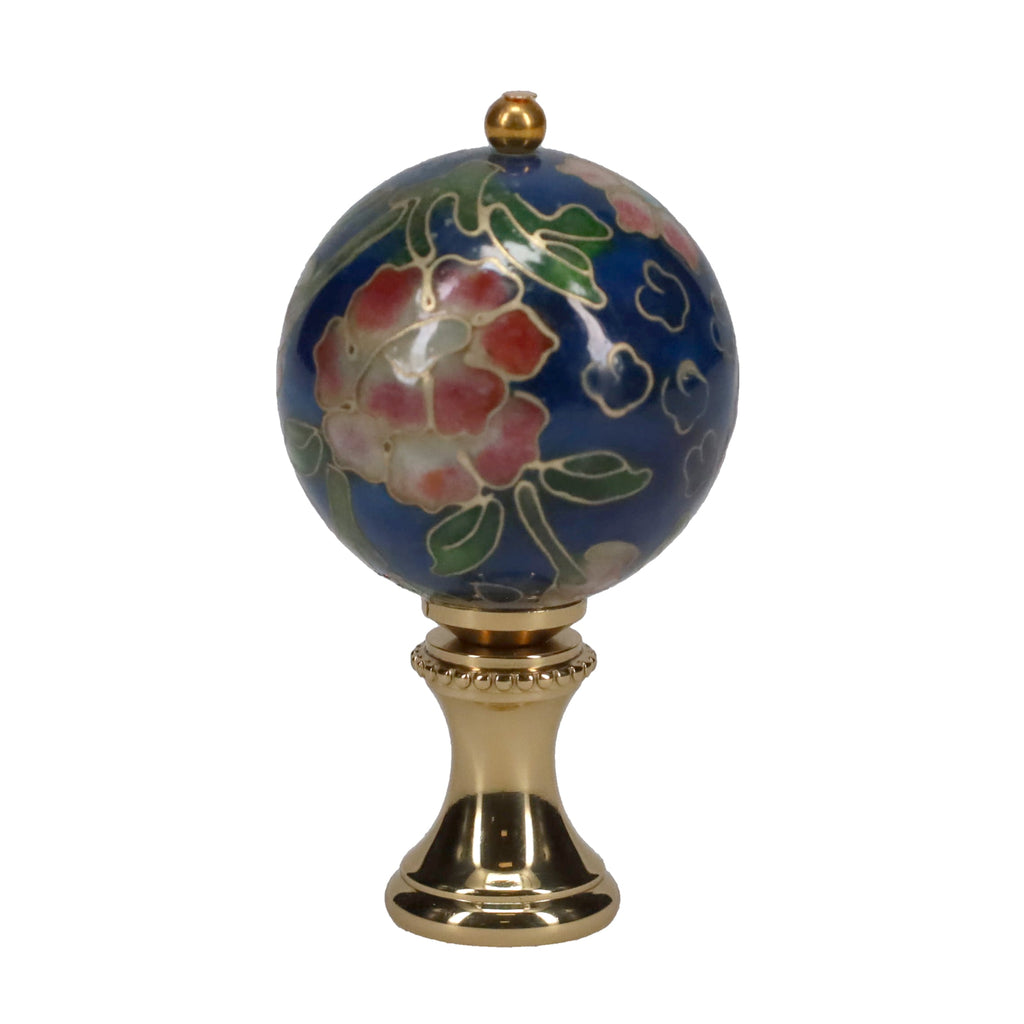 2-1/8" Tall Brass Finial, 1-1/8" Porcelain Bead with Navy Blue Cloisonné Floral Pattern, 1/4-27F Tap (15195)
