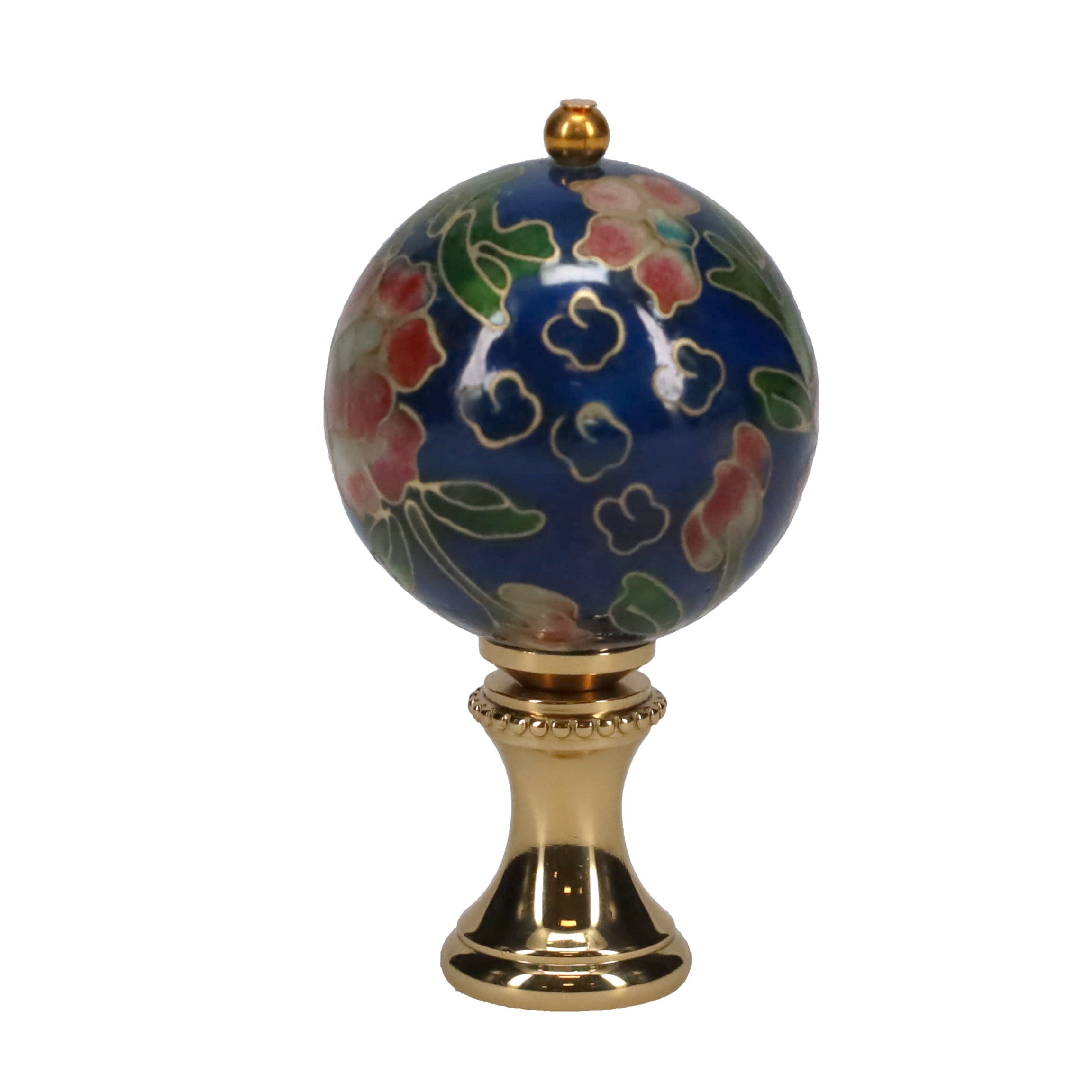 2-1/8" Tall Brass Finial, 1-1/8" Porcelain Bead with Navy Blue Cloisonné Floral Pattern, 1/4-27F Tap (15195)