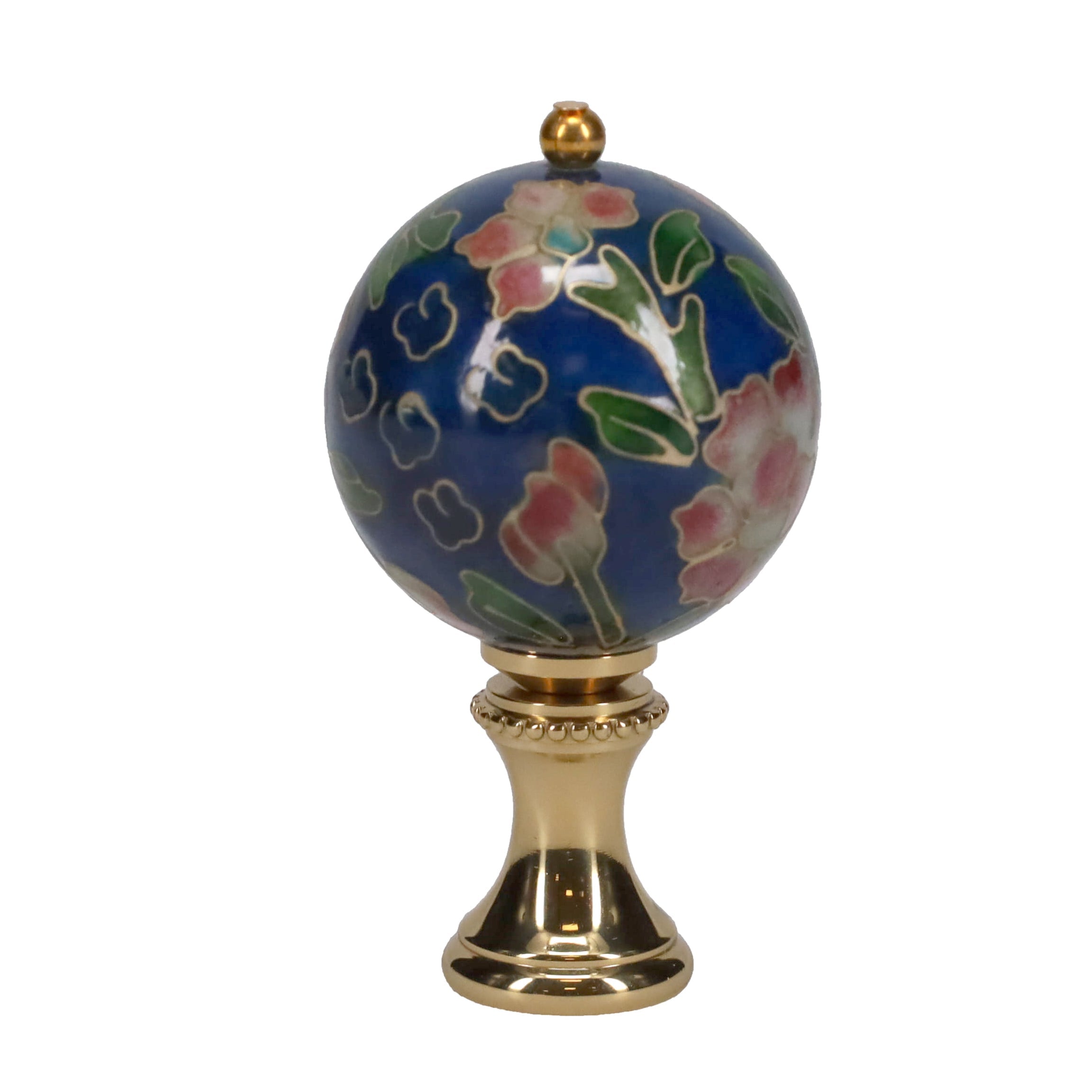 2-1/8" Tall Brass Finial, 1-1/8" Porcelain Bead with Navy Blue Cloisonné Floral Pattern, 1/4-27F Tap (15195)
