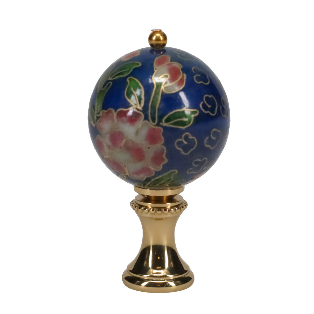 2-1/8" Tall Brass Finial, 1-1/8" Porcelain Bead with Navy Blue Cloisonné Floral Pattern, 1/4-27F Tap (15195)