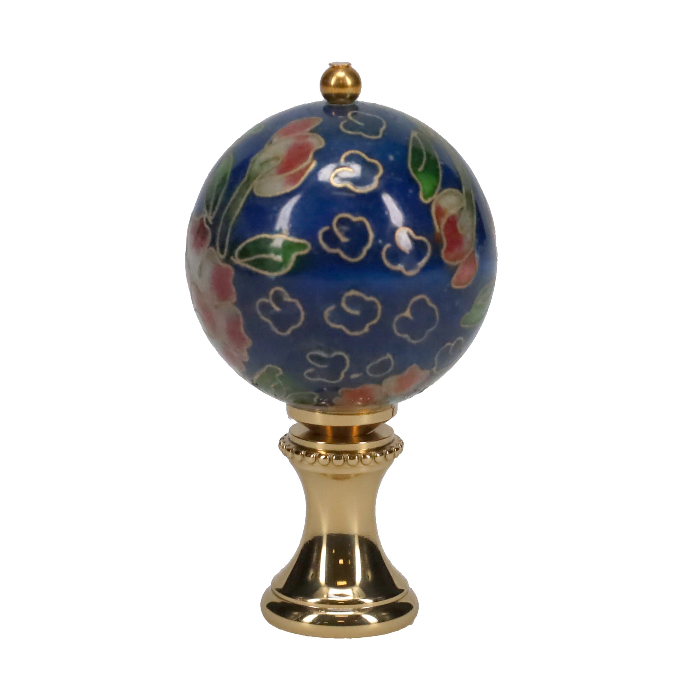 2-1/8" Tall Brass Finial, 1-1/8" Porcelain Bead with Navy Blue Cloisonné Floral Pattern, 1/4-27F Tap (15195)