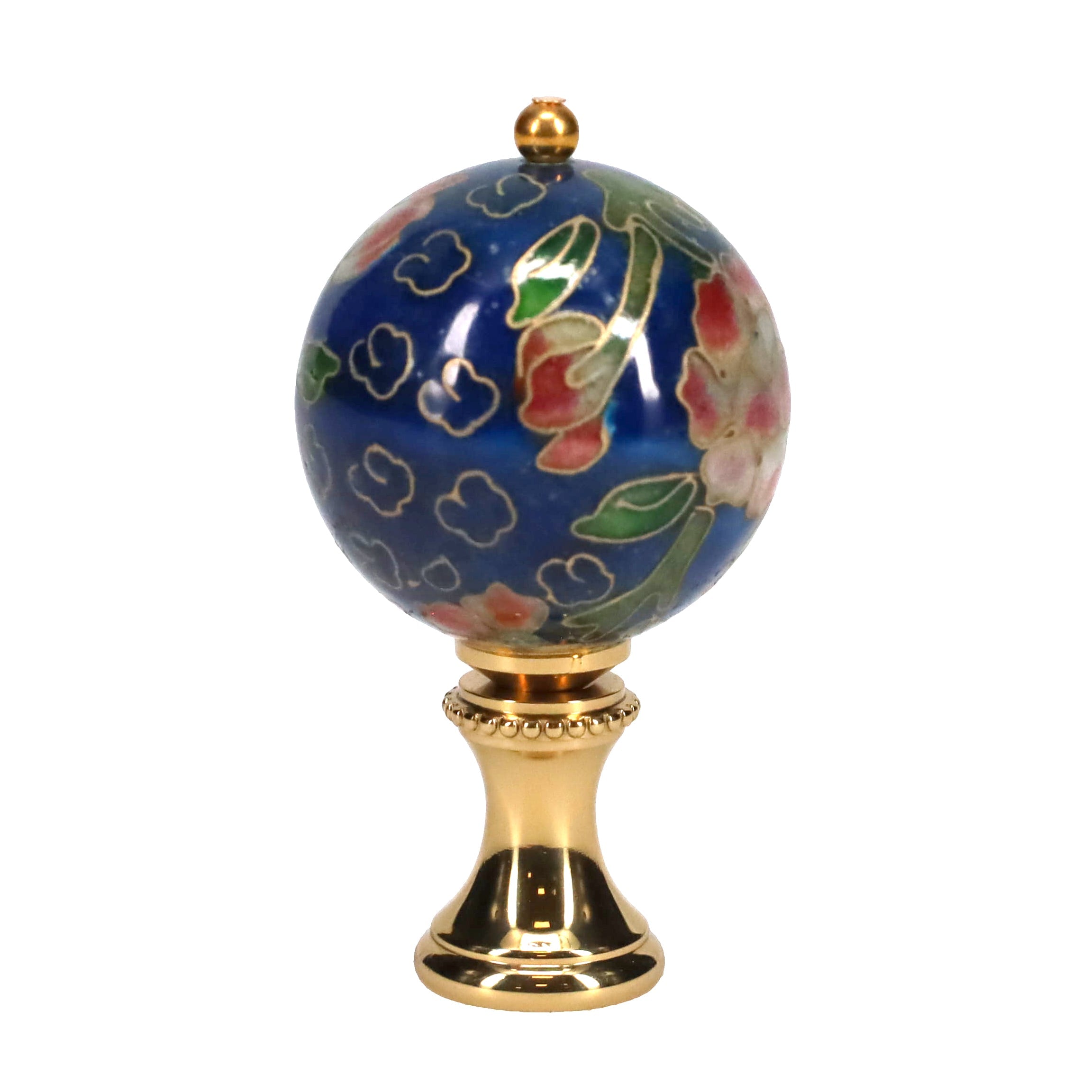 2-1/8" Tall Brass Finial, 1-1/8" Porcelain Bead with Navy Blue Cloisonné Floral Pattern, 1/4-27F Tap (15195)