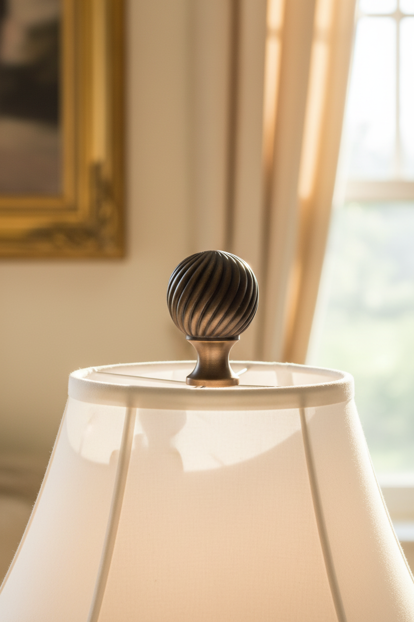 2-1/8" Tall Brass Finial, Spiral Sphere, Bronze Finish, 1/4-27F Tap (15210)