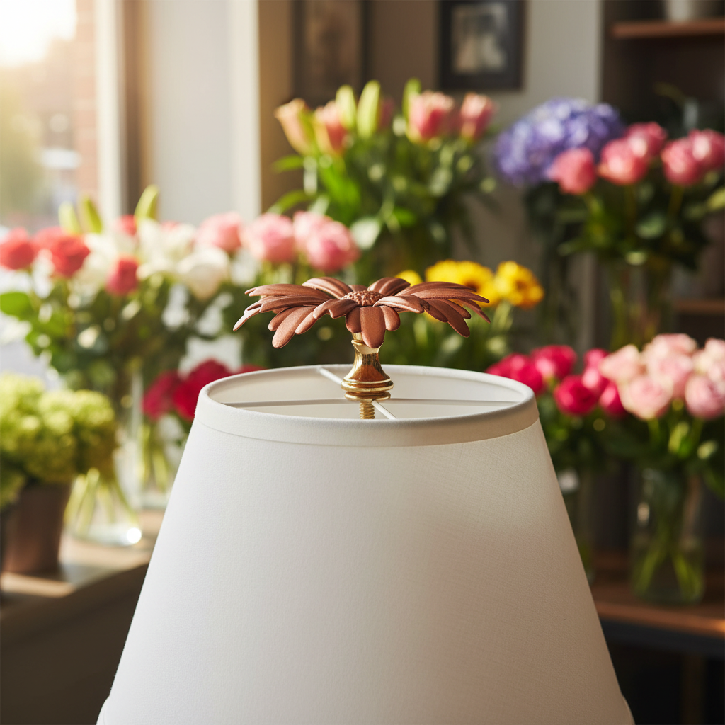 1-1/8" Tall Brass Finial, 2-7/8" Diam. Antique Gold Flower Petal Bloom, 1/4-27F Tap (15215AG)