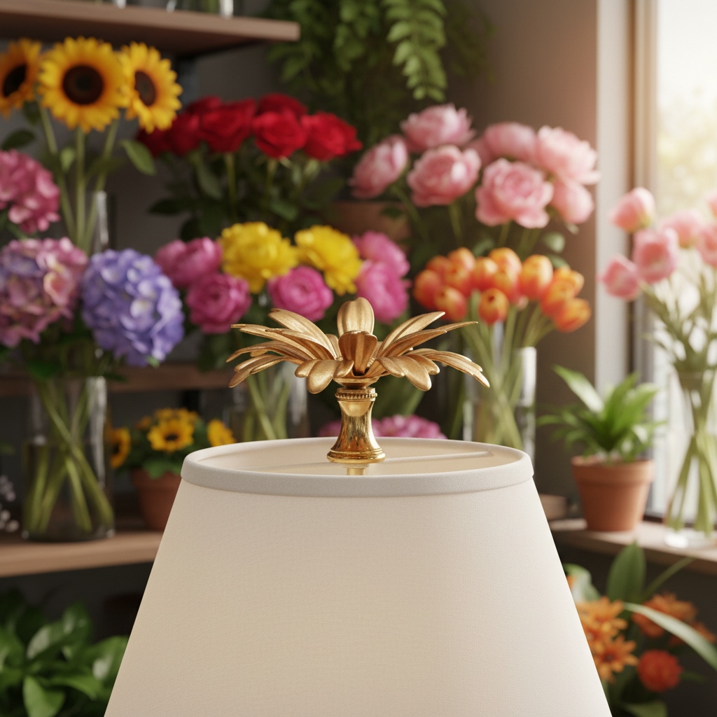 1-1/8" Tall Brass Finial, 2-7/8" Diam. Gold Flower Petal Bloom, 1/4-27F Tap (15215G)