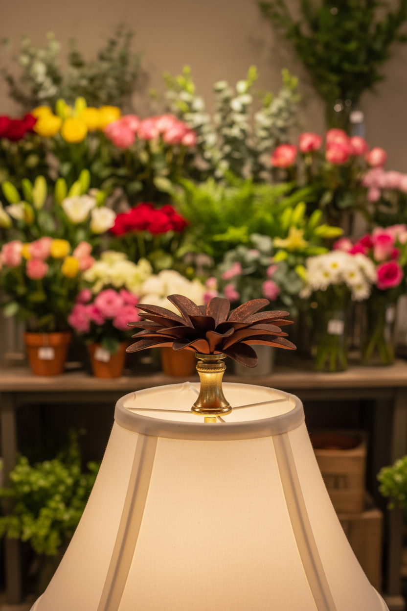 1-1/2" Tall Brass Finial, 2-1/2" Diam. Copper Flower Petal Bloom, 1/4-27F Tap (15217MC)