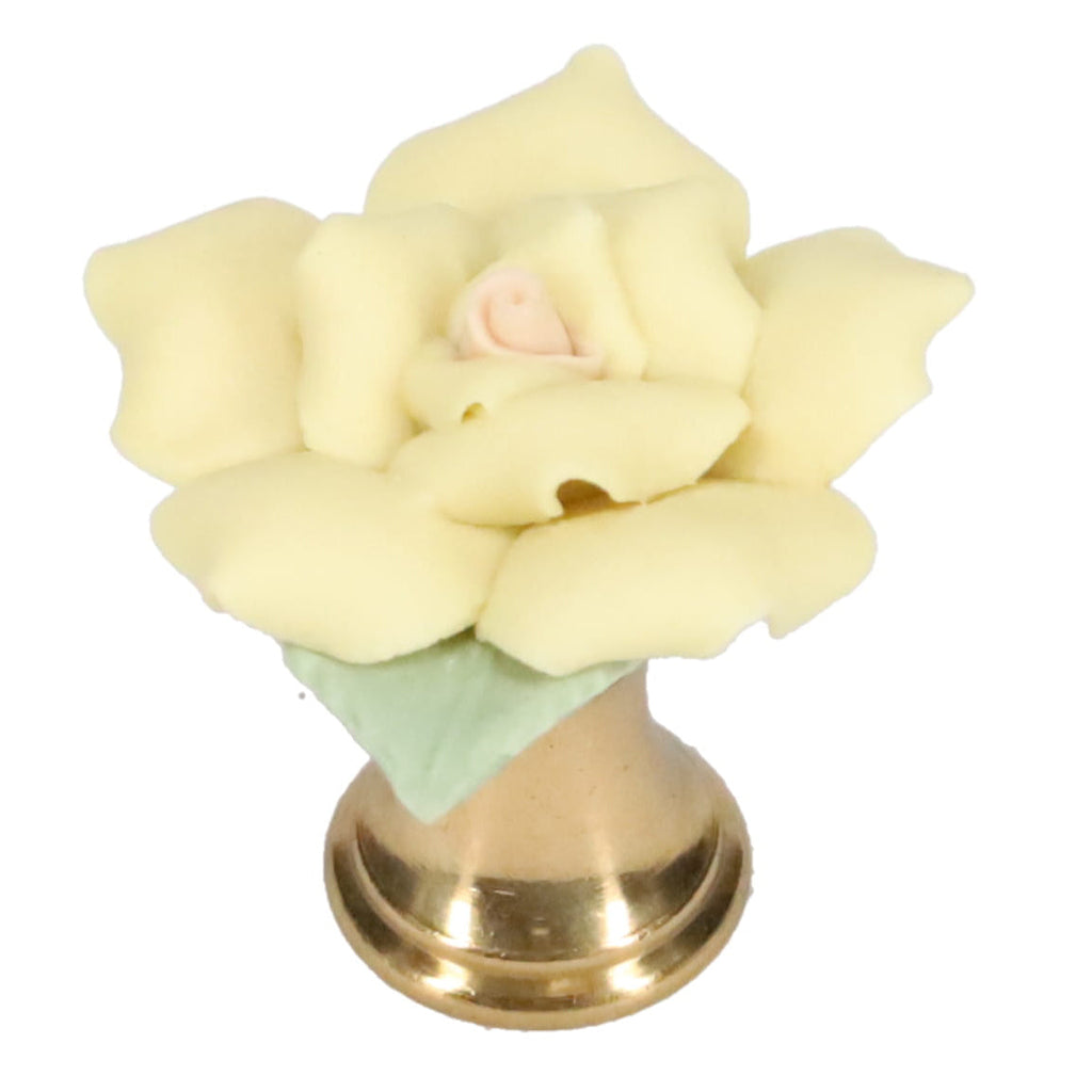 1-1/4" Tall Brass Finial, Ceramic Off White Rose, 1-3/8" Wide, 1/4-27F Tap (15219)