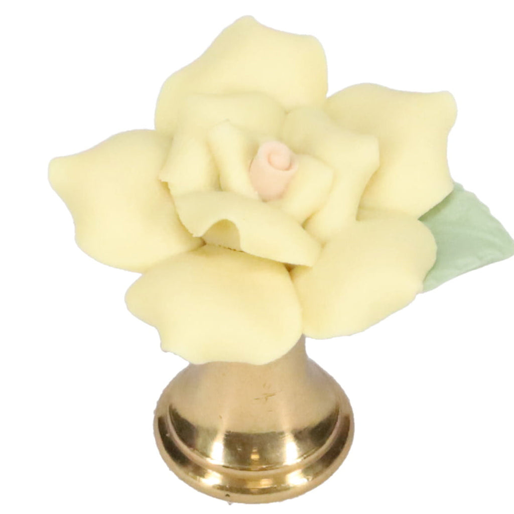 1-1/4" Tall Brass Finial, Ceramic Off White Rose, 1-3/8" Wide, 1/4-27F Tap (15219)