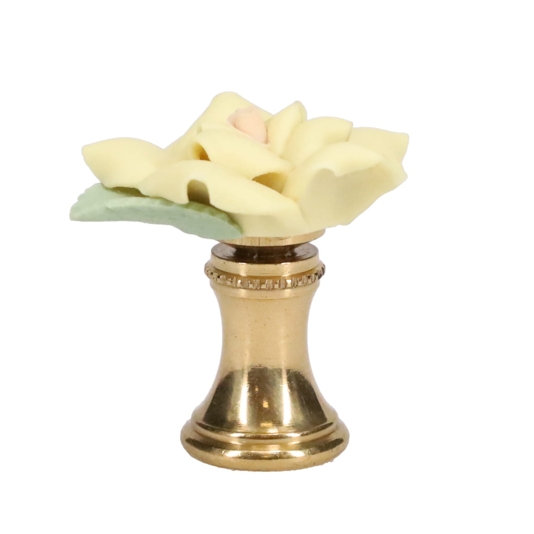 1-1/4" Tall Brass Finial, Ceramic Off White Rose, 1-3/8" Wide, 1/4-27F Tap (15219)