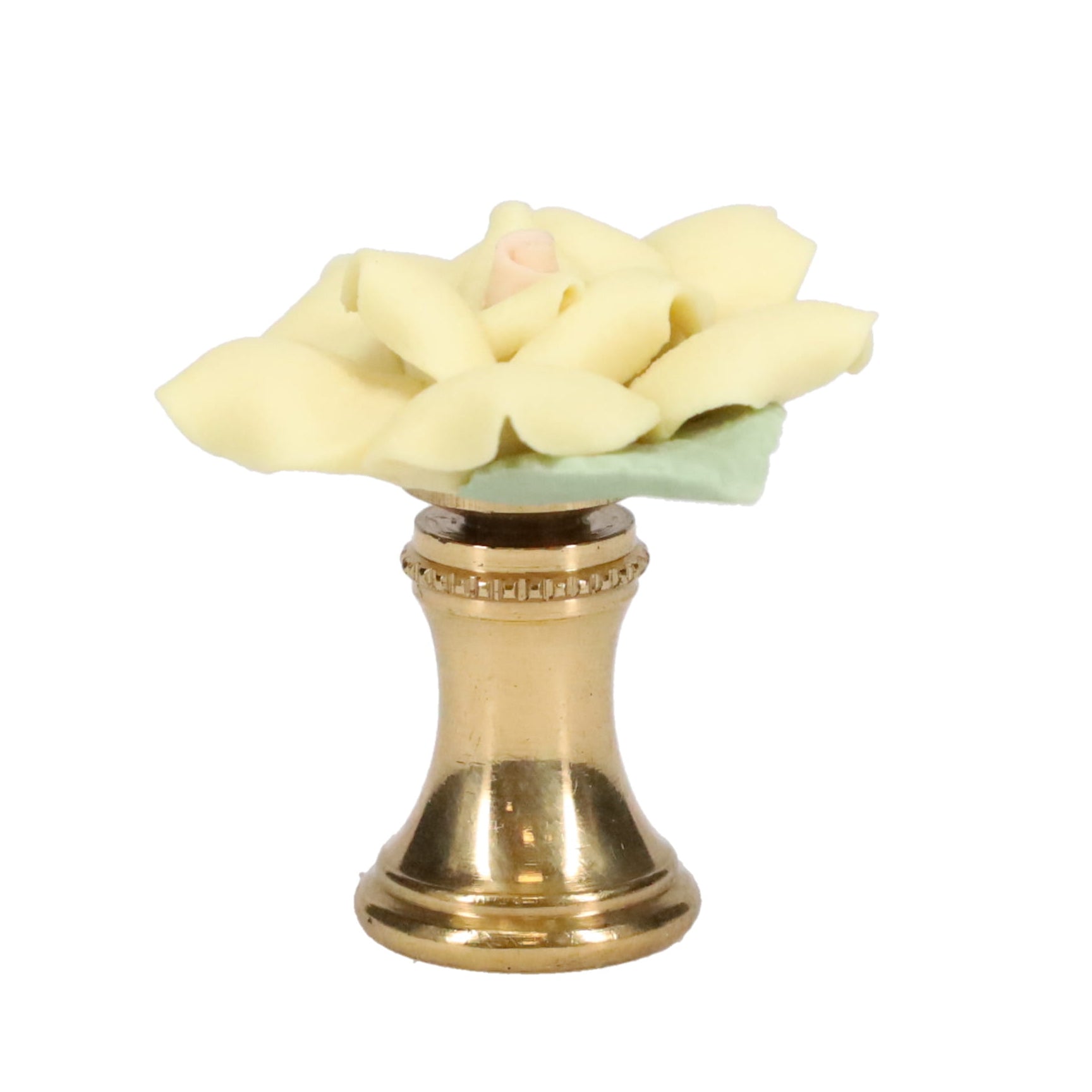 1-1/4" Tall Brass Finial, Ceramic Off White Rose, 1-3/8" Wide, 1/4-27F Tap (15219)