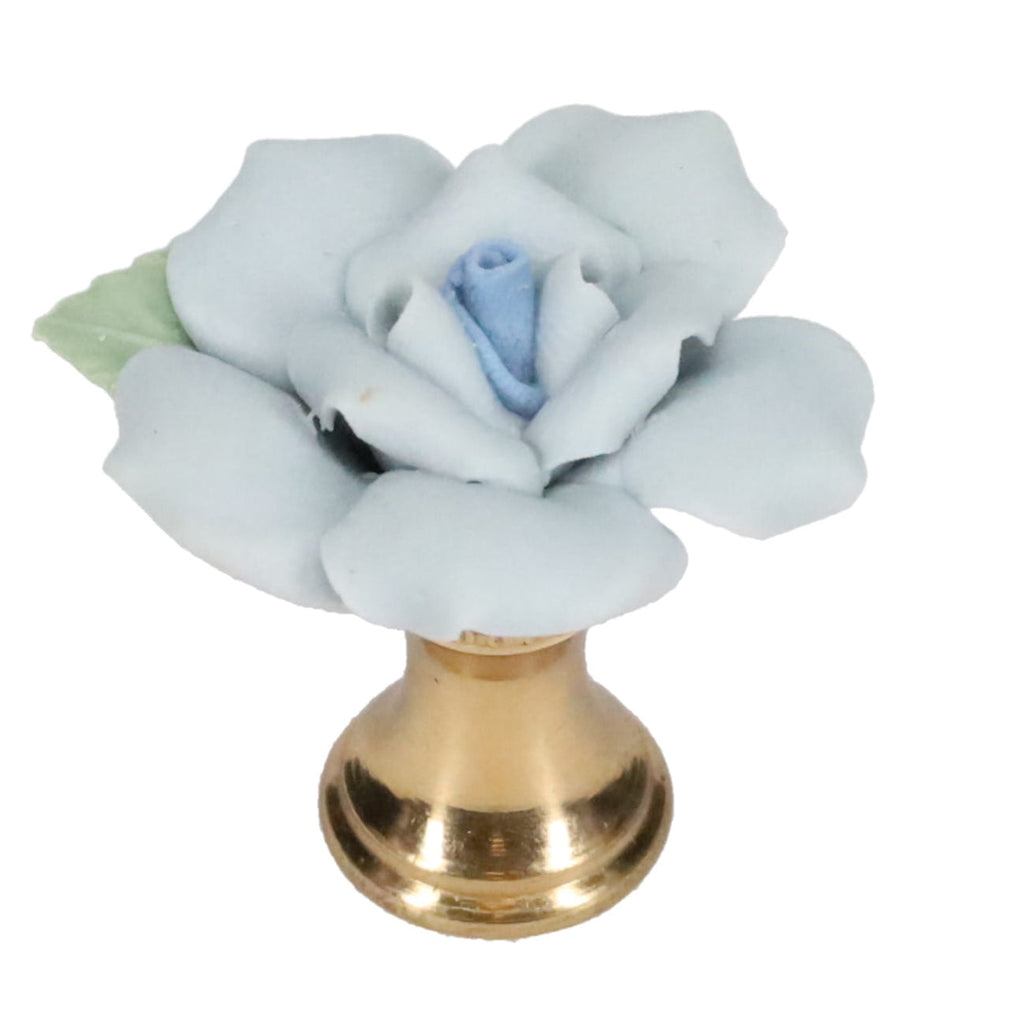 1-1/4" Tall Brass Finial, Ceramic Light Blue Rose, 1-3/8" Wide, 1/4-27F Tap (15219LB)