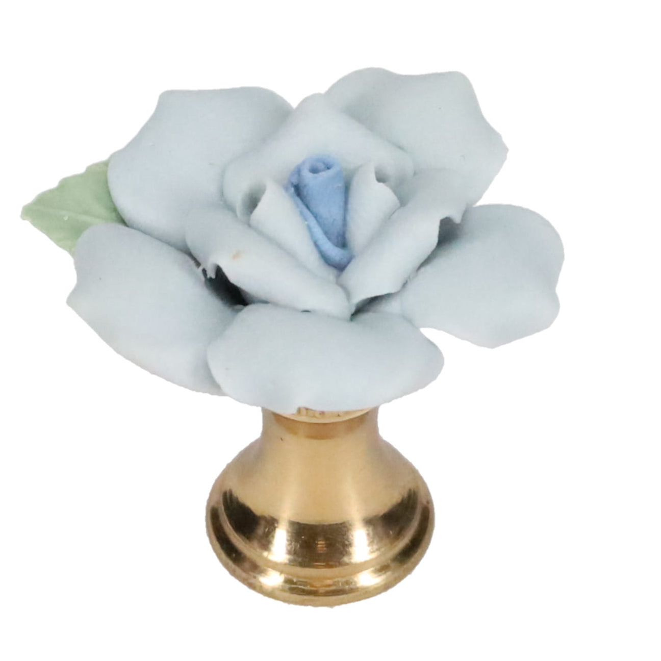 1-1/4" Tall Brass Finial, Ceramic Light Blue Rose, 1-3/8" Wide, 1/4-27F Tap (15219LB)