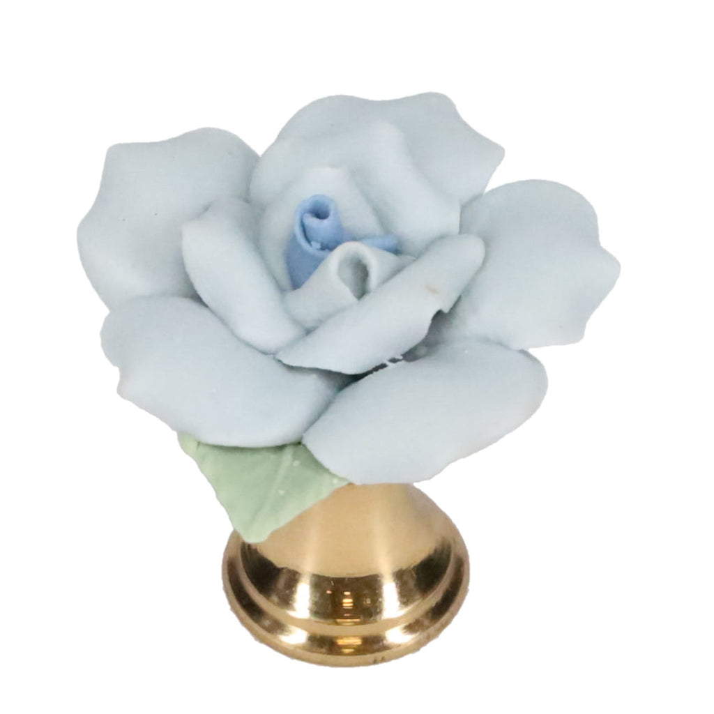 1-1/4" Tall Brass Finial, Ceramic Light Blue Rose, 1-3/8" Wide, 1/4-27F Tap (15219LB)