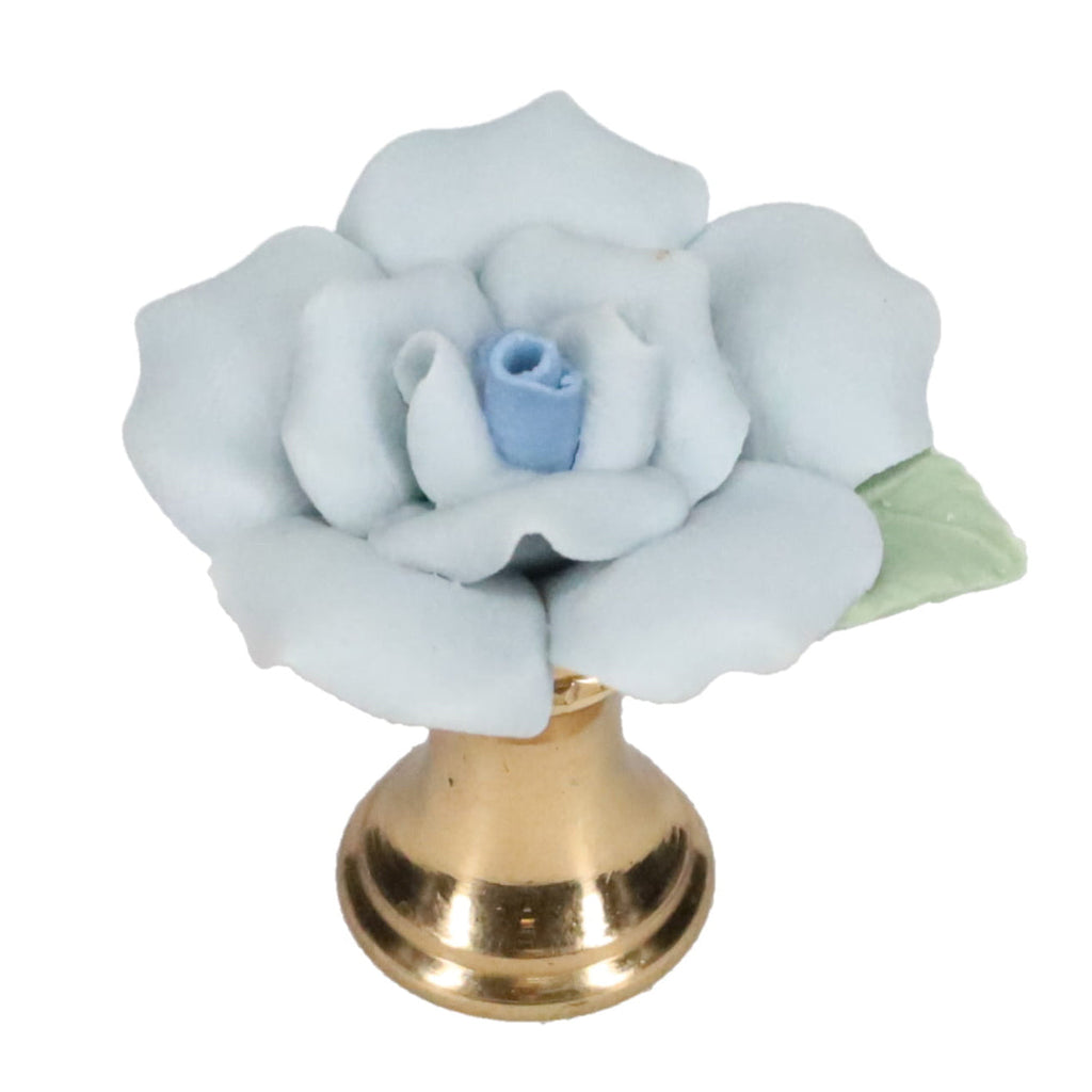 1-1/4" Tall Brass Finial, Ceramic Light Blue Rose, 1-3/8" Wide, 1/4-27F Tap (15219LB)