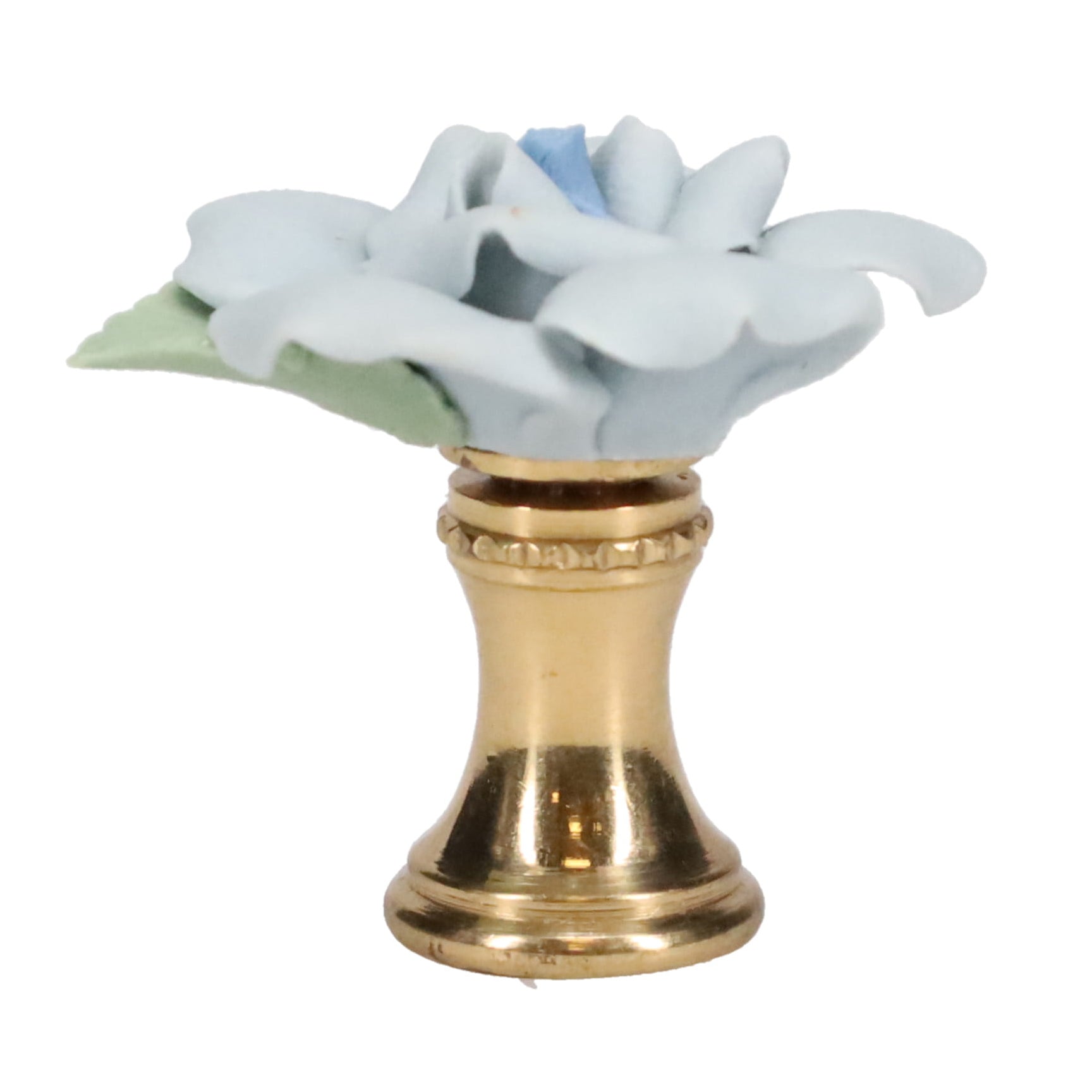1-1/4" Tall Brass Finial, Ceramic Light Blue Rose, 1-3/8" Wide, 1/4-27F Tap (15219LB)