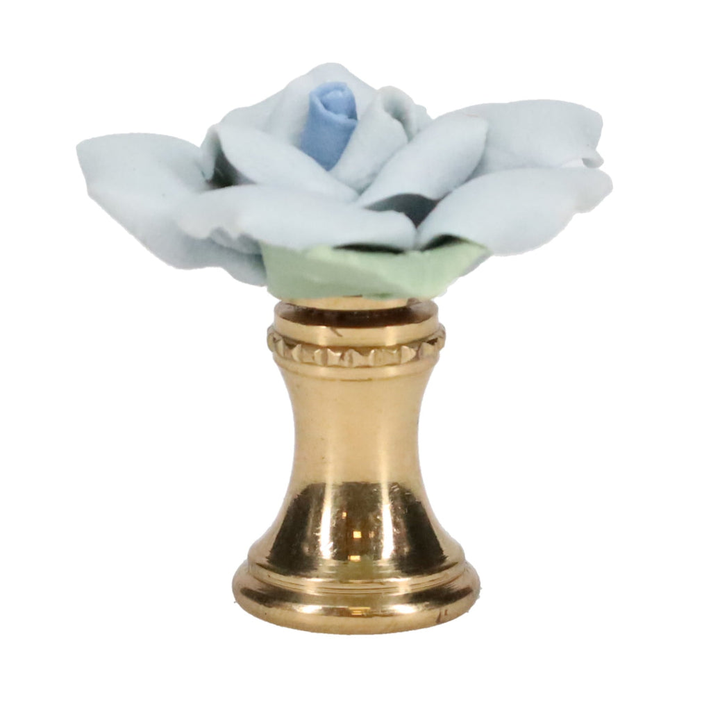 1-1/4" Tall Brass Finial, Ceramic Light Blue Rose, 1-3/8" Wide, 1/4-27F Tap (15219LB)