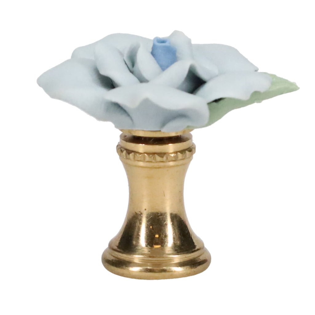 1-1/4" Tall Brass Finial, Ceramic Light Blue Rose, 1-3/8" Wide, 1/4-27F Tap (15219LB)