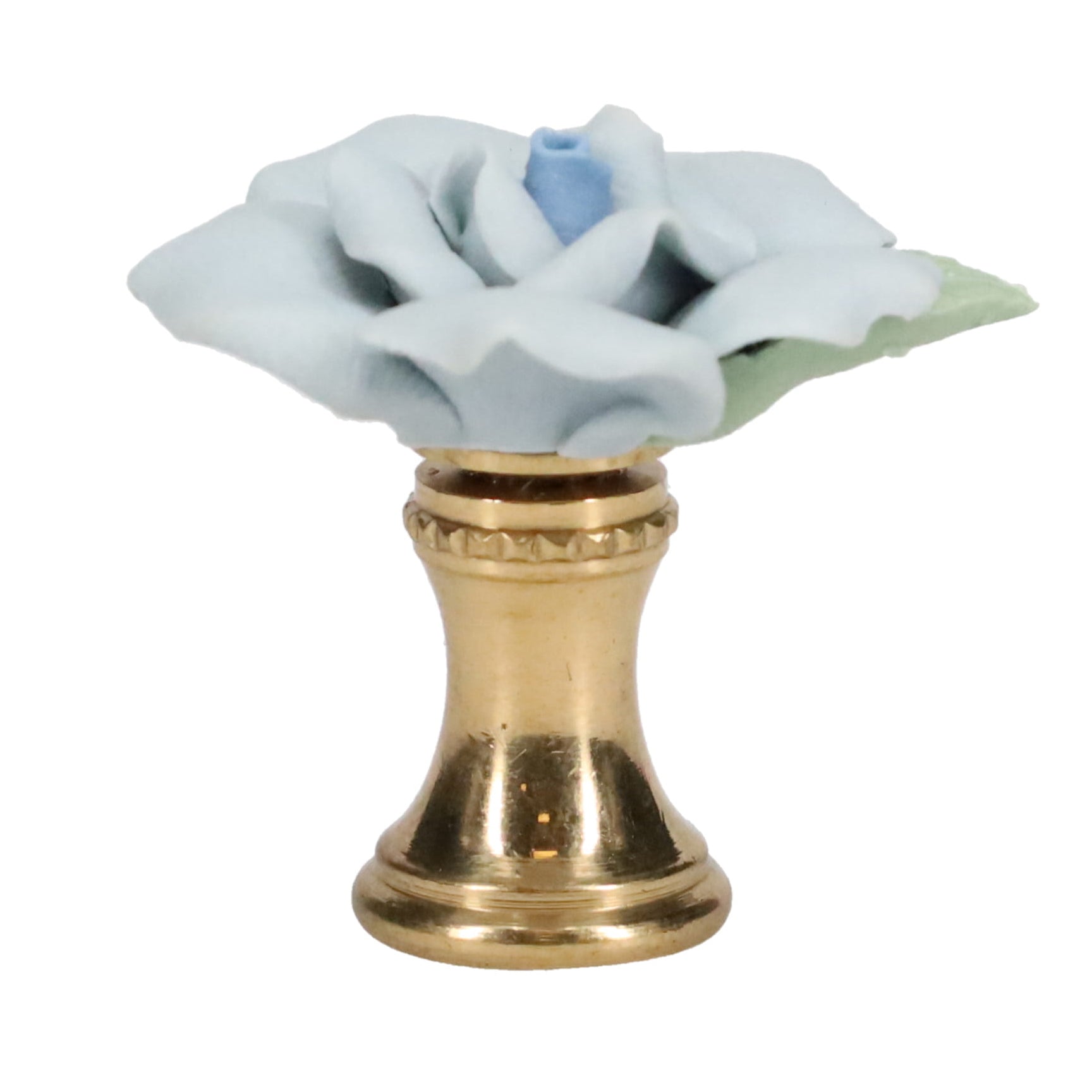 1-1/4" Tall Brass Finial, Ceramic Light Blue Rose, 1-3/8" Wide, 1/4-27F Tap (15219LB)
