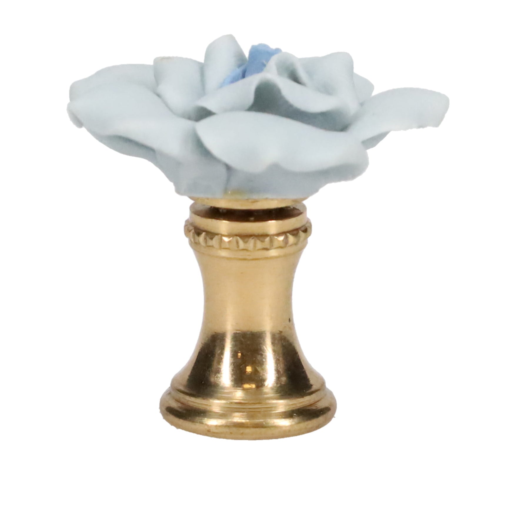 1-1/4" Tall Brass Finial, Ceramic Light Blue Rose, 1-3/8" Wide, 1/4-27F Tap (15219LB)