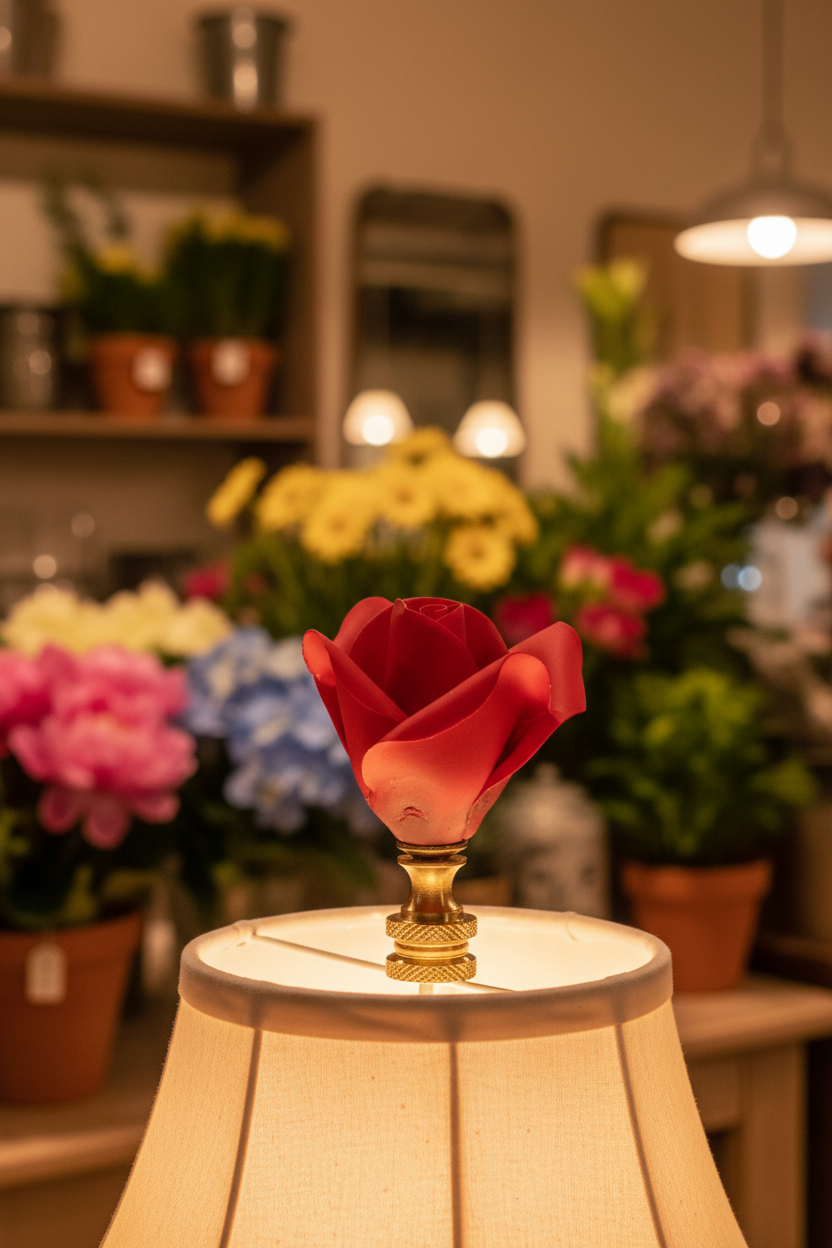 2-1/2" Tall Brass Finial, Ceramic Red Rose, 2" Wide, 1/4-27F Tap (15220)