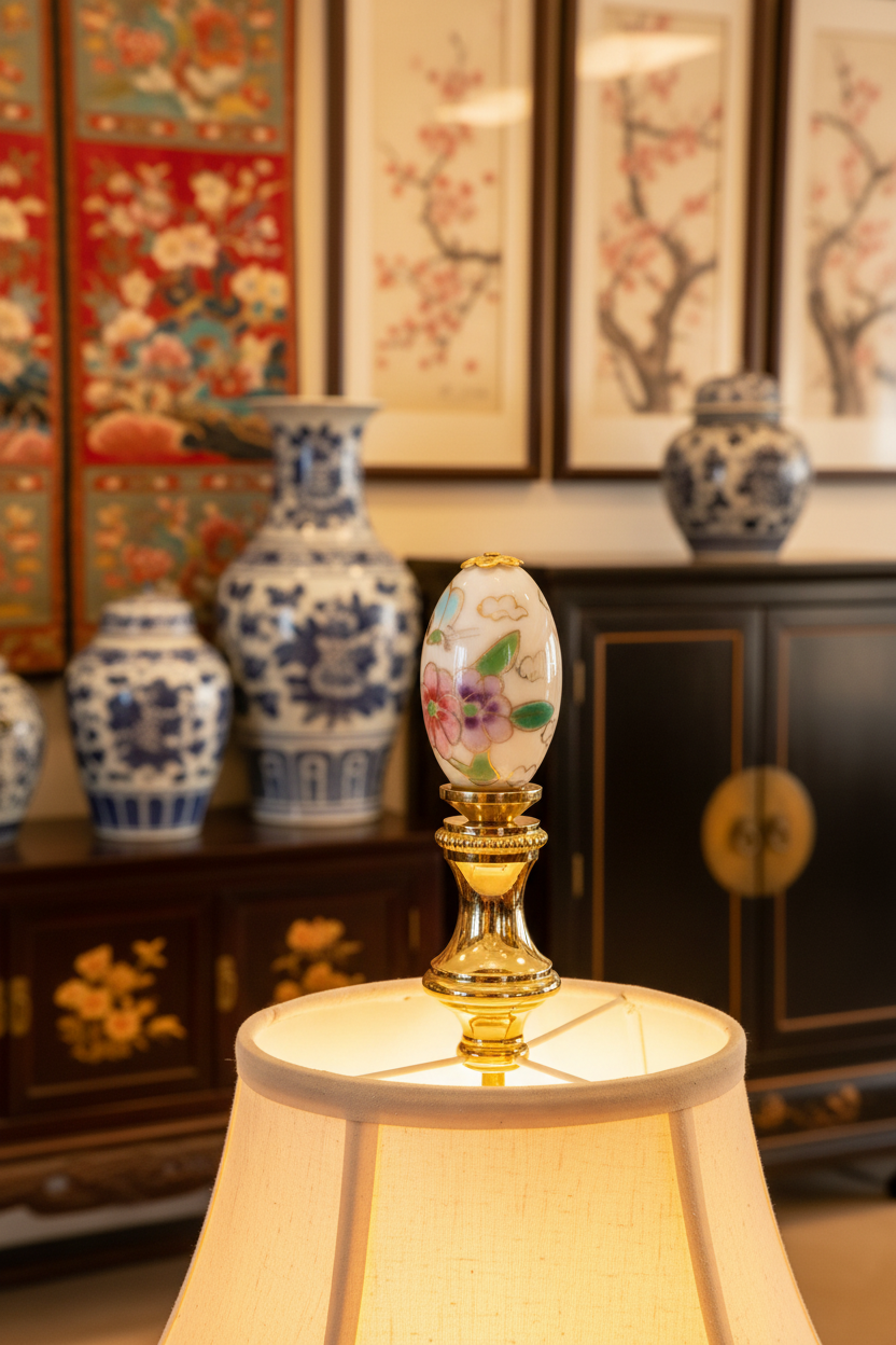 1-7/8" Tall Brass Finial, Porcelain Egg with Butterflies & Flowers Hand Painted, 1/4-27F Tap (15233)