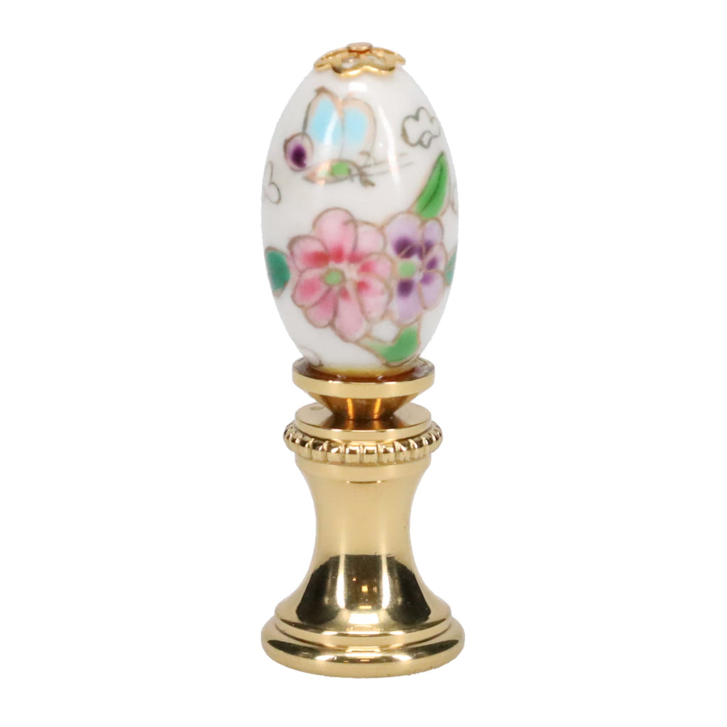 1-7/8" Tall Brass Finial, Porcelain Egg with Butterflies & Flowers Hand Painted, 1/4-27F Tap (15233)