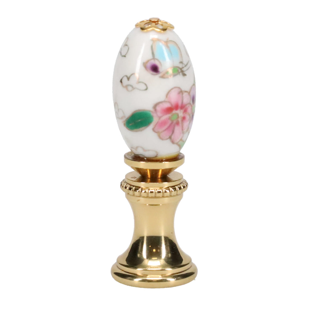 1-7/8" Tall Brass Finial, Porcelain Egg with Butterflies & Flowers Hand Painted, 1/4-27F Tap (15233)