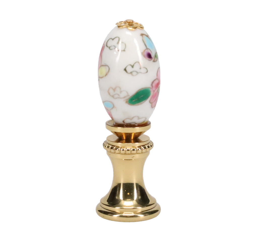 1-7/8" Tall Brass Finial, Porcelain Egg with Butterflies & Flowers Hand Painted, 1/4-27F Tap (15233)