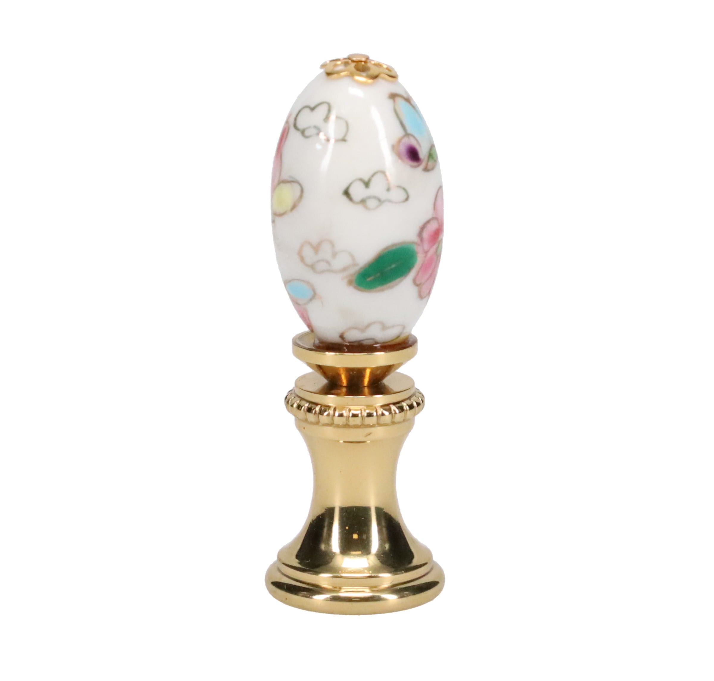 1-7/8" Tall Brass Finial, Porcelain Egg with Butterflies & Flowers Hand Painted, 1/4-27F Tap (15233)
