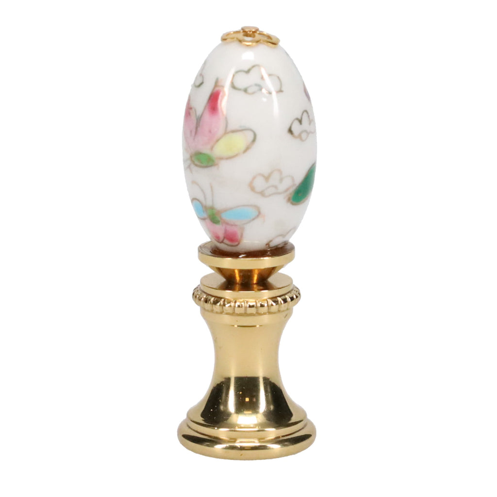 1-7/8" Tall Brass Finial, Porcelain Egg with Butterflies & Flowers Hand Painted, 1/4-27F Tap (15233)