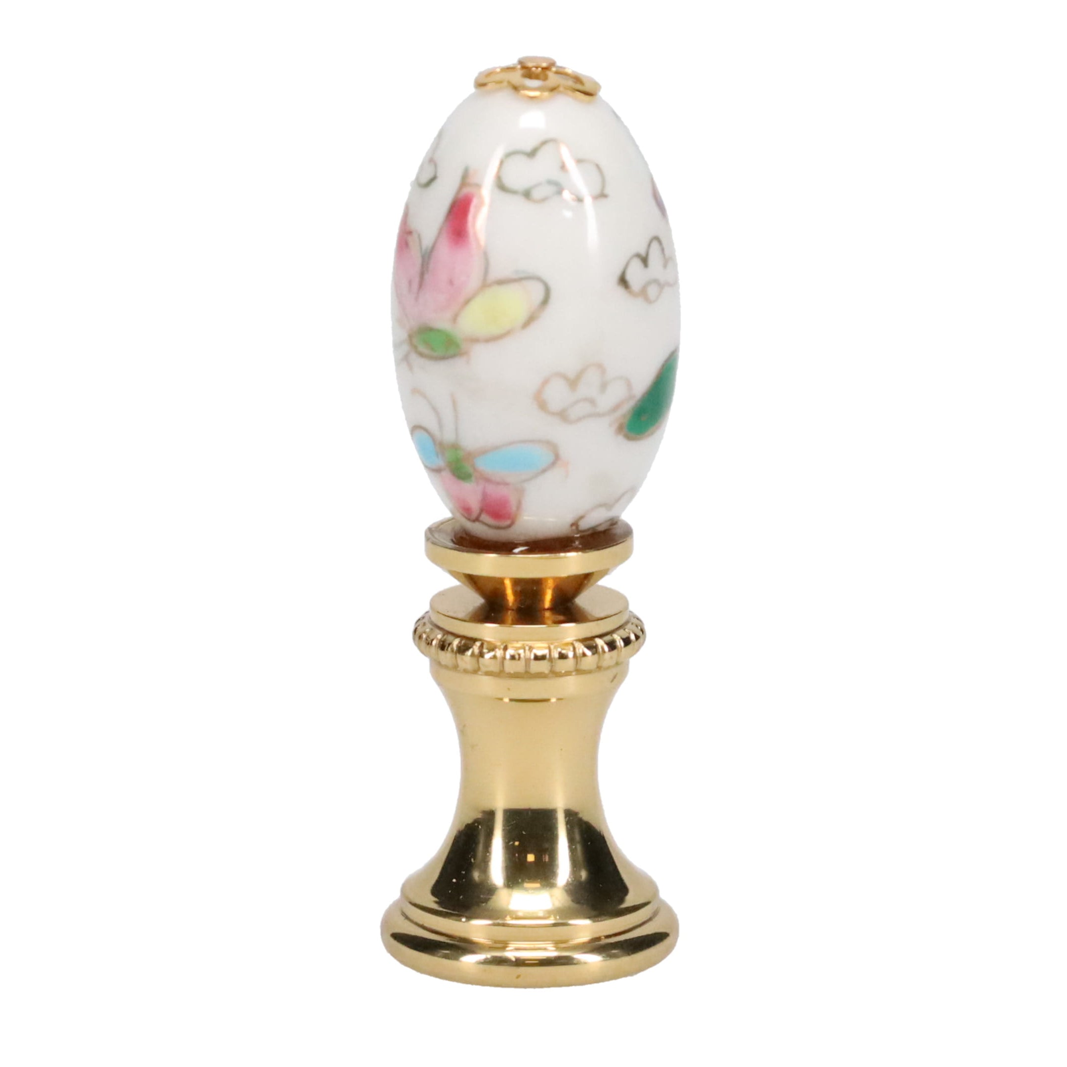 1-7/8" Tall Brass Finial, Porcelain Egg with Butterflies & Flowers Hand Painted, 1/4-27F Tap (15233)