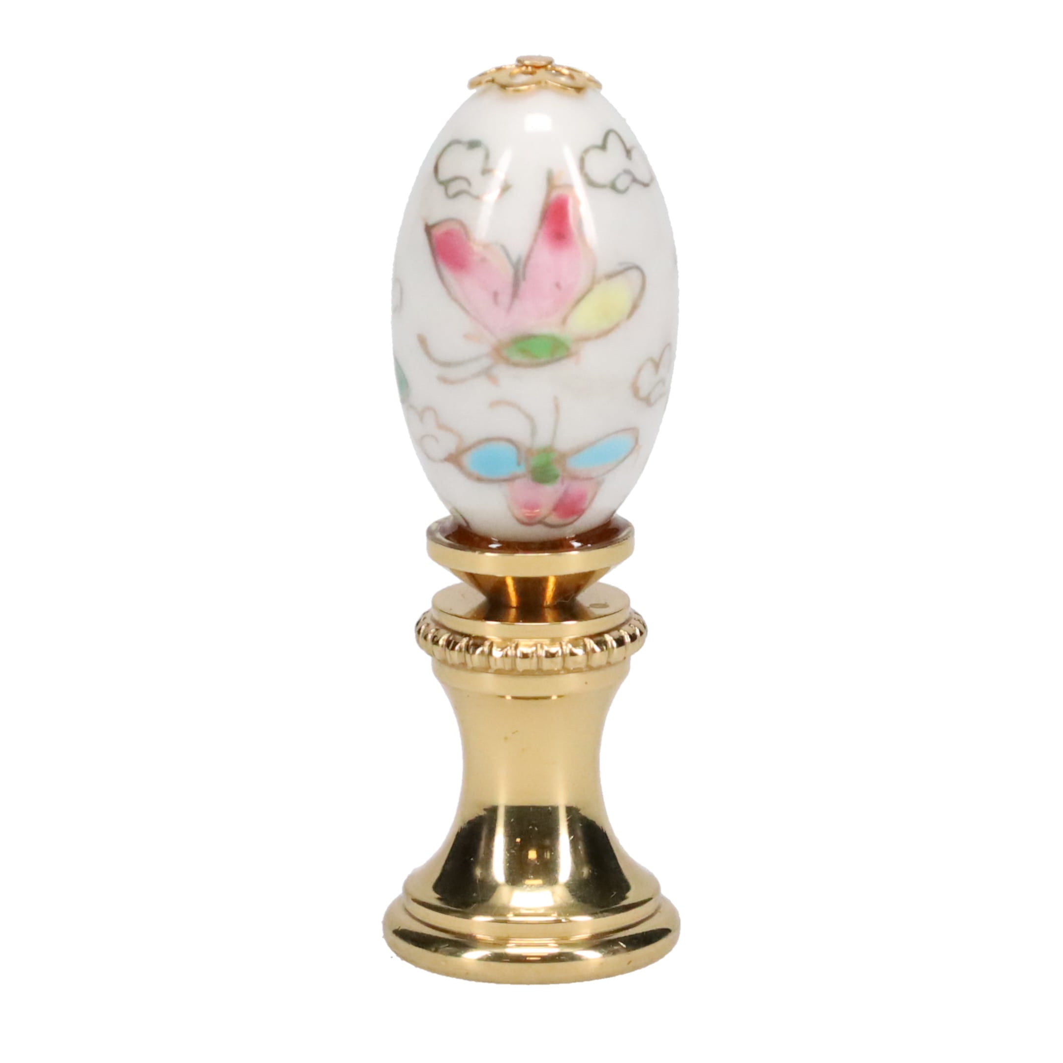 1-7/8" Tall Brass Finial, Porcelain Egg with Butterflies & Flowers Hand Painted, 1/4-27F Tap (15233)