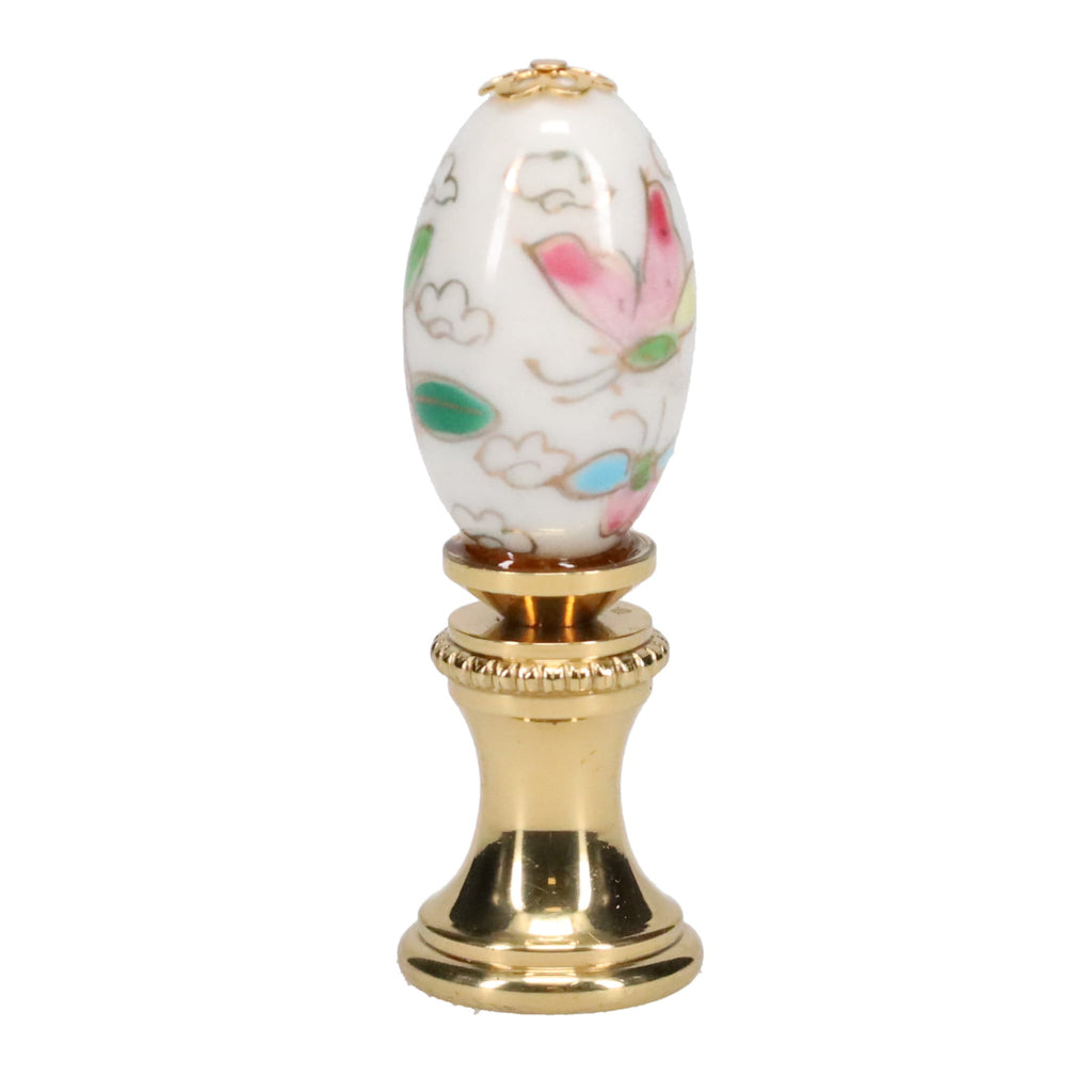 1-7/8" Tall Brass Finial, Porcelain Egg with Butterflies & Flowers Hand Painted, 1/4-27F Tap (15233)