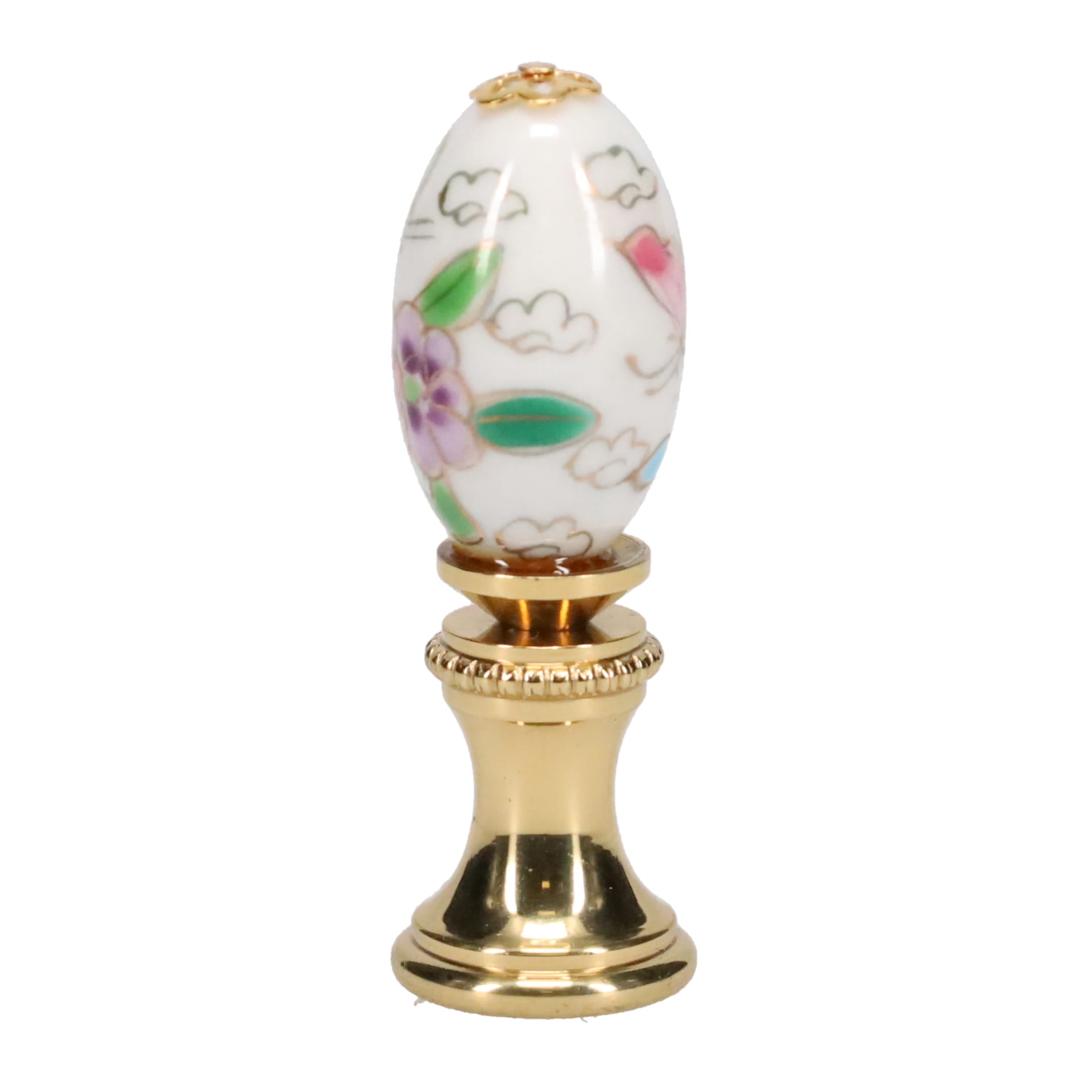 1-7/8" Tall Brass Finial, Porcelain Egg with Butterflies & Flowers Hand Painted, 1/4-27F Tap (15233)
