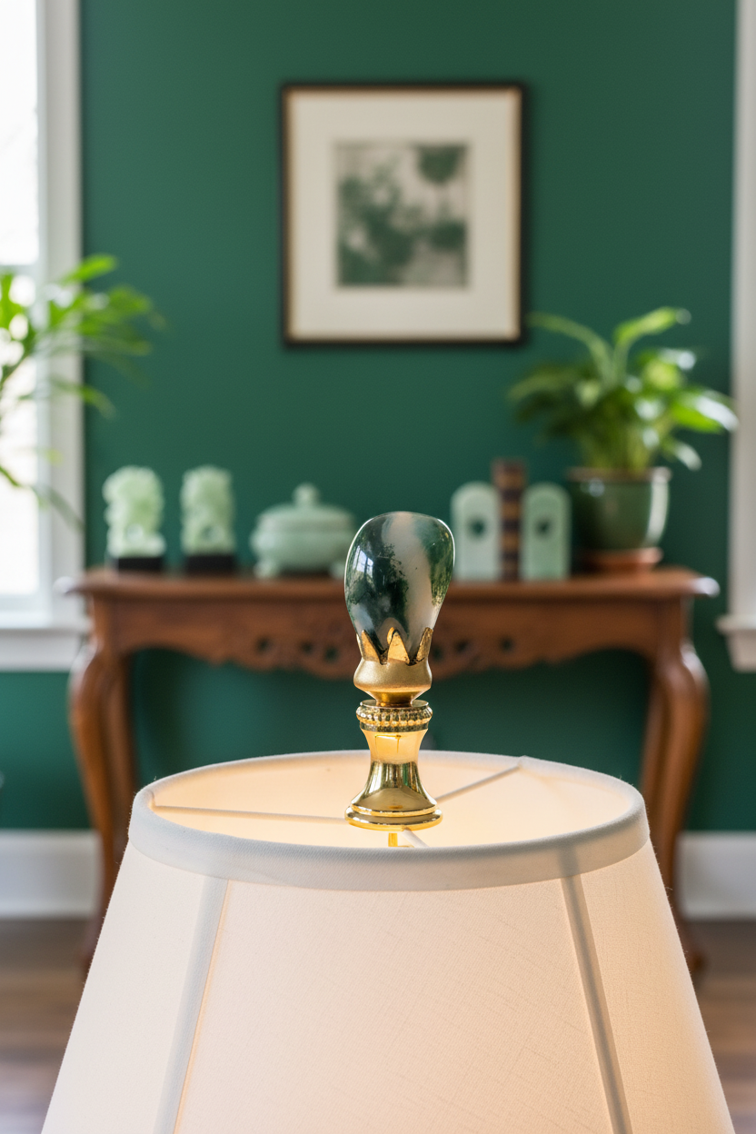 Brass Finial with Dark Green Jade Stone, 1/4-27F Tap (15238)