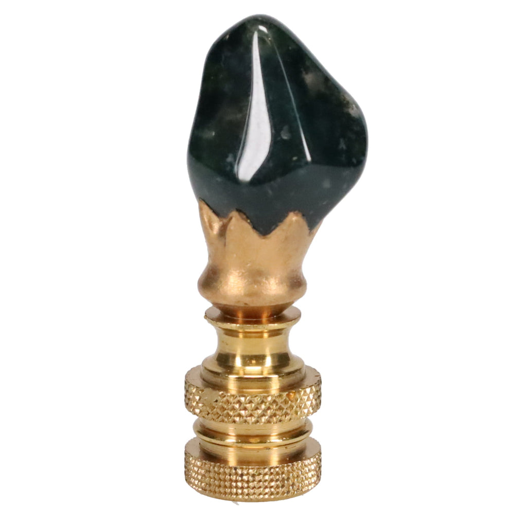 Brass Finial with Dark Green Jade Stone, Knurled Finial, 1/4-27F Tap (15238K)