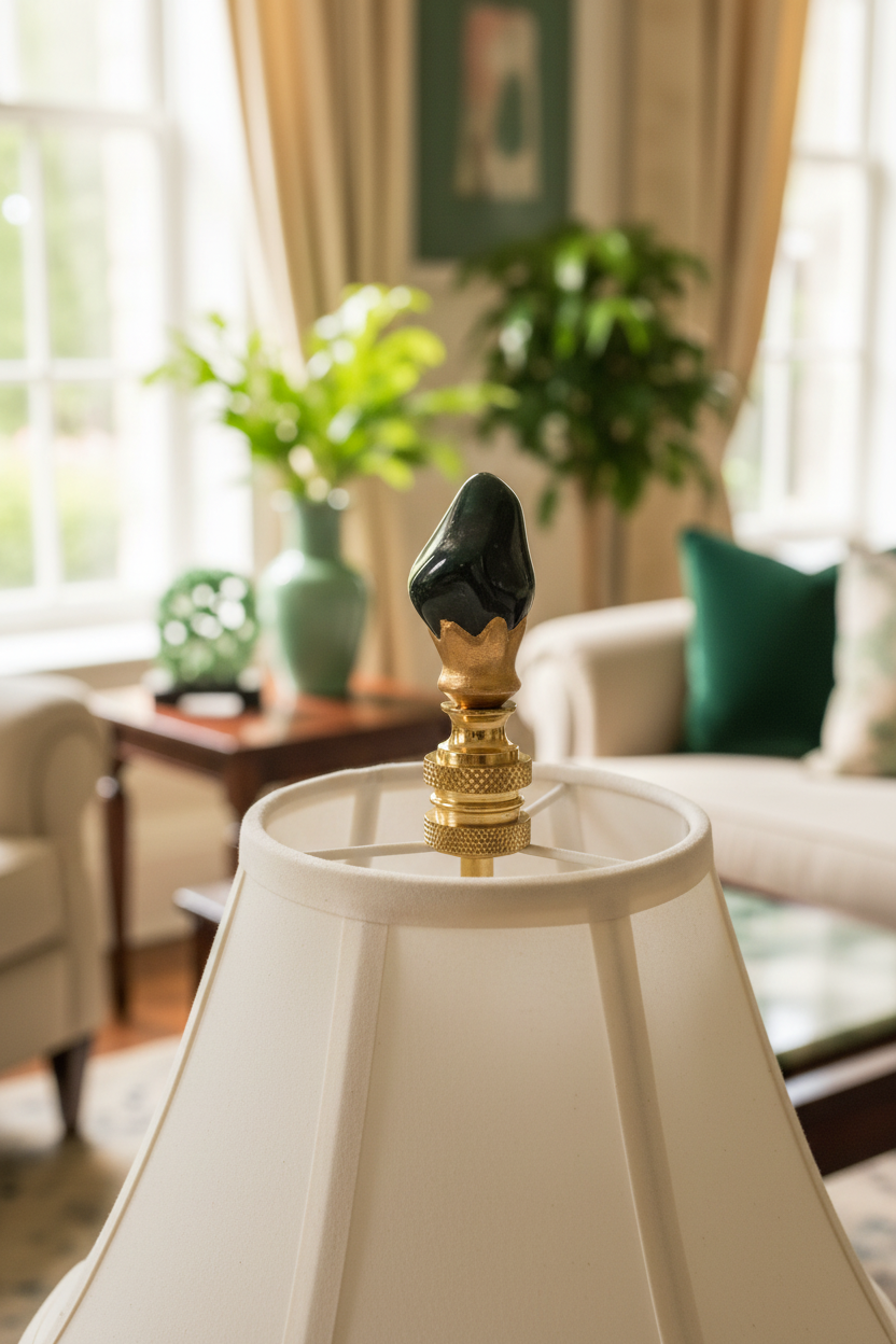 Brass Finial with Dark Green Jade Stone, Knurled Finial, 1/4-27F Tap (15238K)