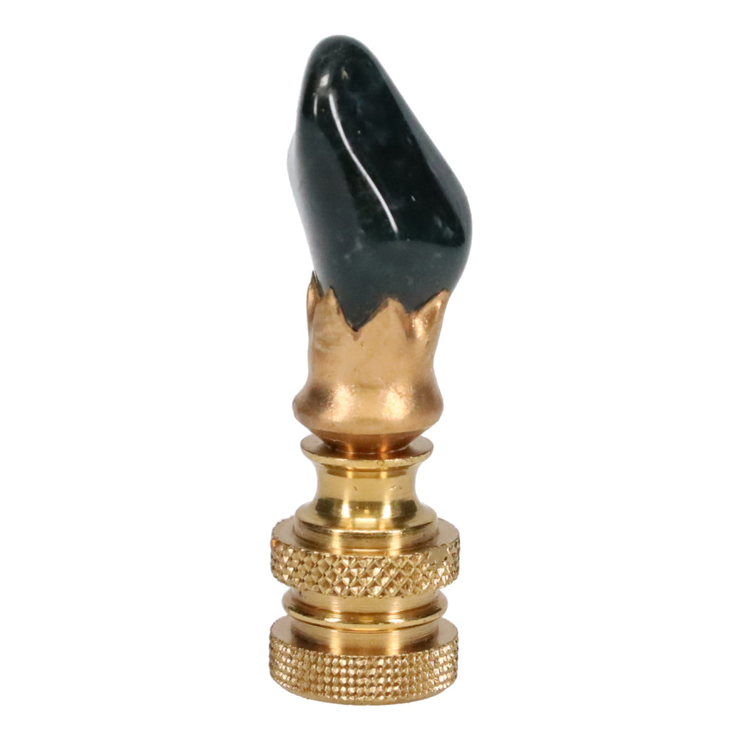 Brass Finial with Dark Green Jade Stone, Knurled Finial, 1/4-27F Tap (15238K)