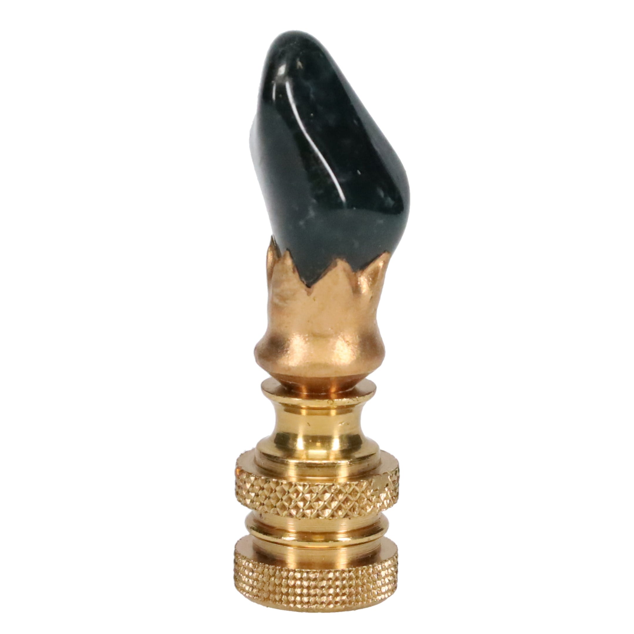 Brass Finial with Dark Green Jade Stone, Knurled Finial, 1/4-27F Tap (15238K)