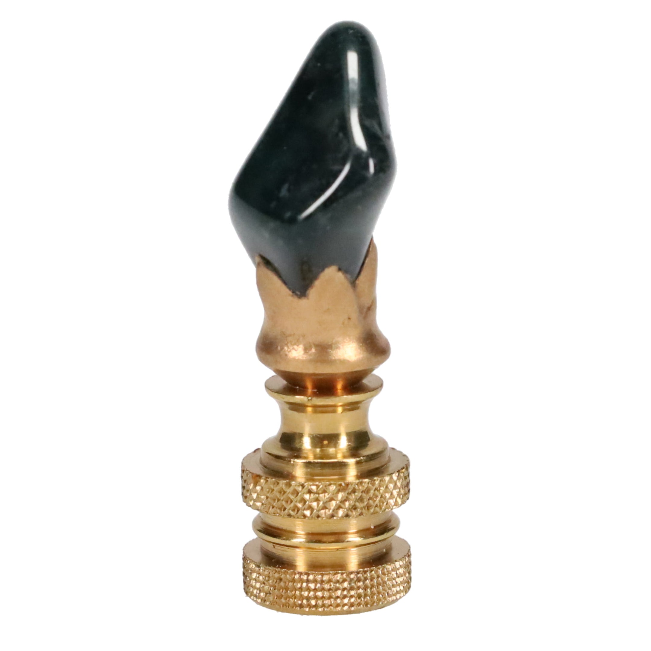 Brass Finial with Dark Green Jade Stone, Knurled Finial, 1/4-27F Tap (15238K)