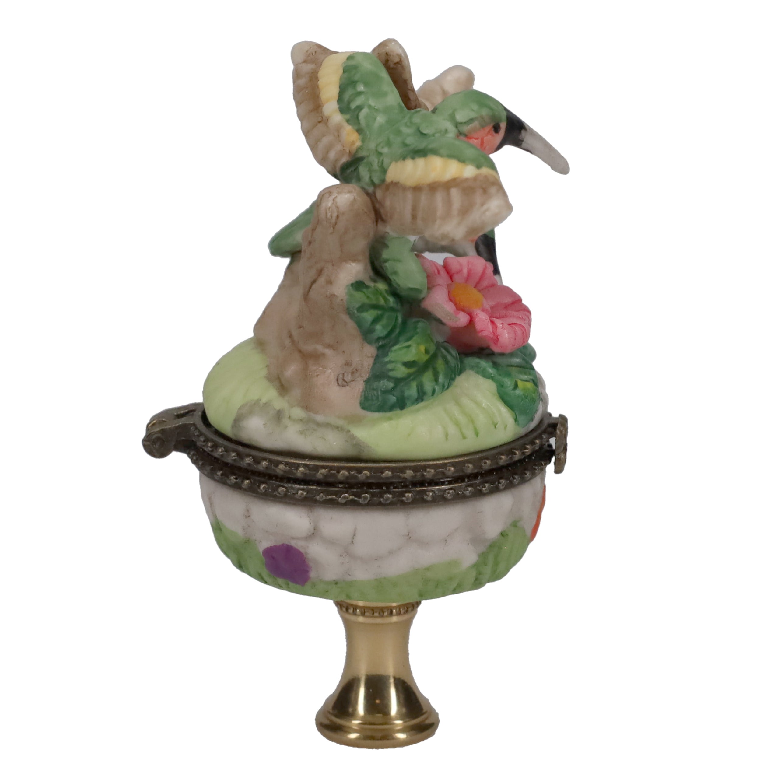 3-1/2" Tall Brass Finial Hummingbirds & Flowers Locket, Ceramic, 1/4-27F Tap (15241)