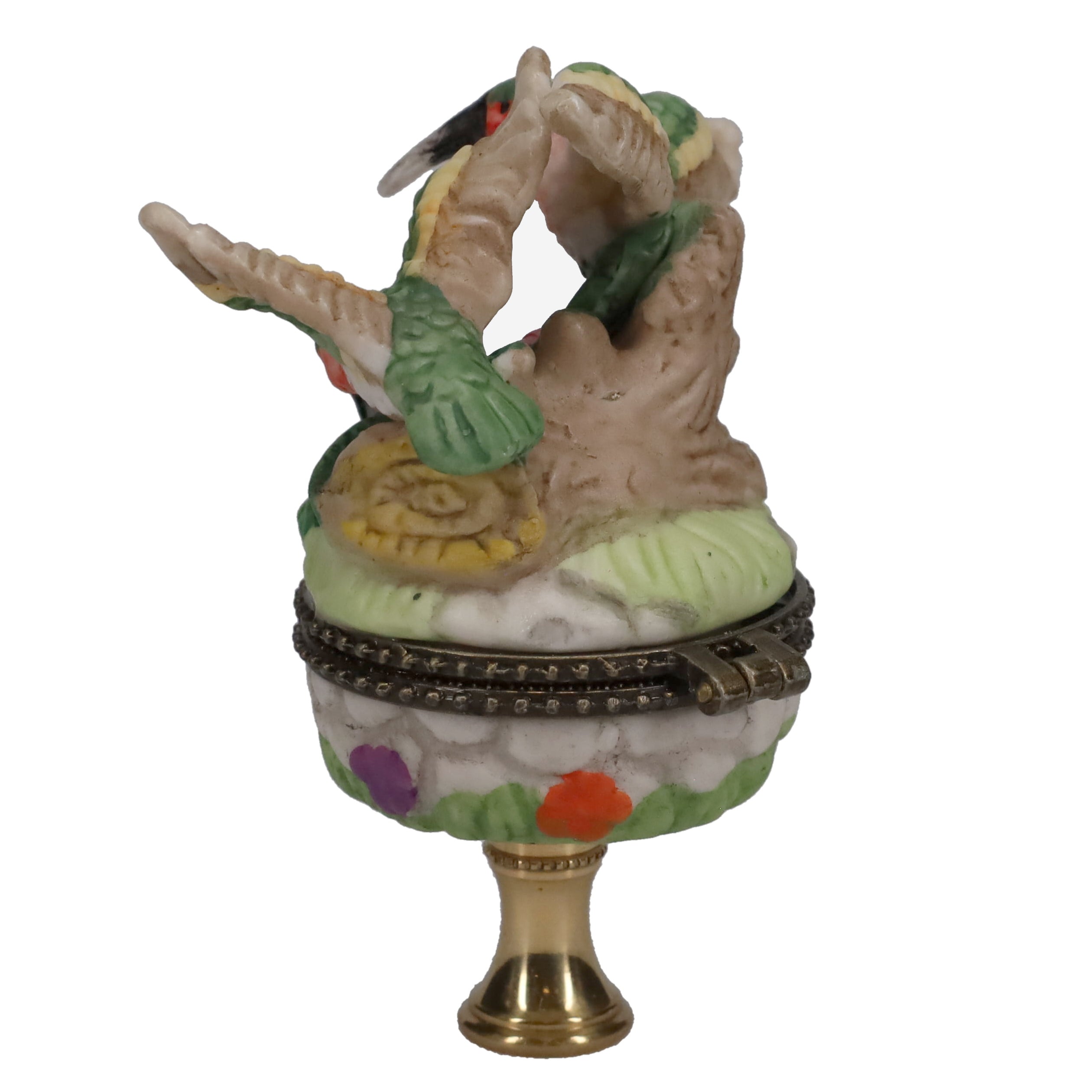 3-1/2" Tall Brass Finial Hummingbirds & Flowers Locket, Ceramic, 1/4-27F Tap (15241)