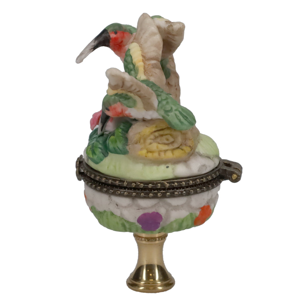 3-1/2" Tall Brass Finial Hummingbirds & Flowers Locket, Ceramic, 1/4-27F Tap (15241)