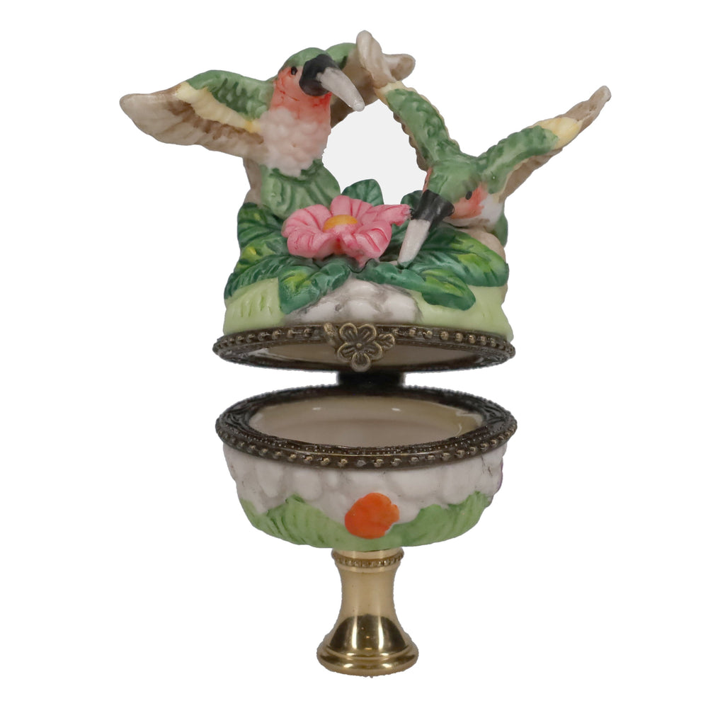 3-1/2" Tall Brass Finial Hummingbirds & Flowers Locket, Ceramic, 1/4-27F Tap (15241)